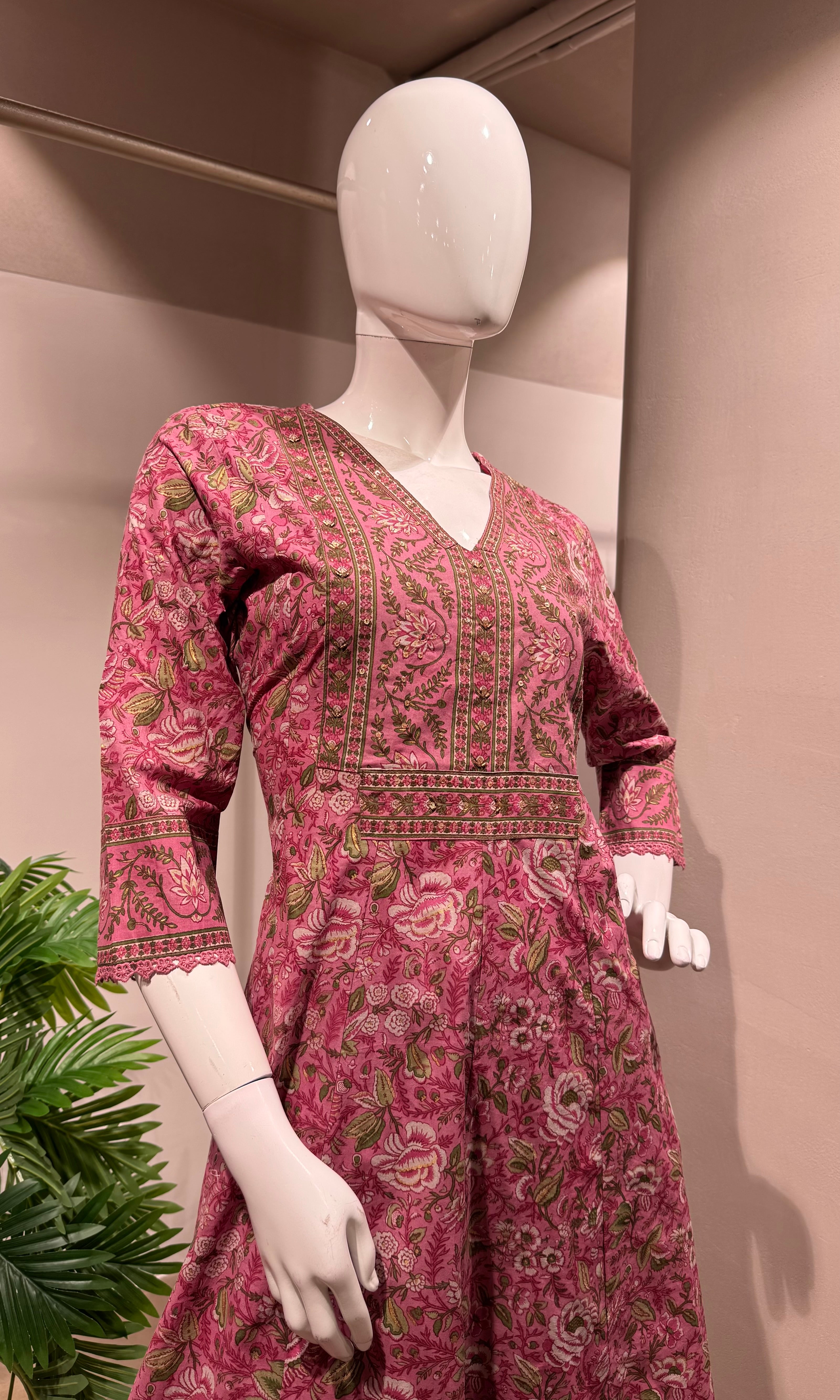 PINK Printed Pure Cotton Anarkali Kurta Set