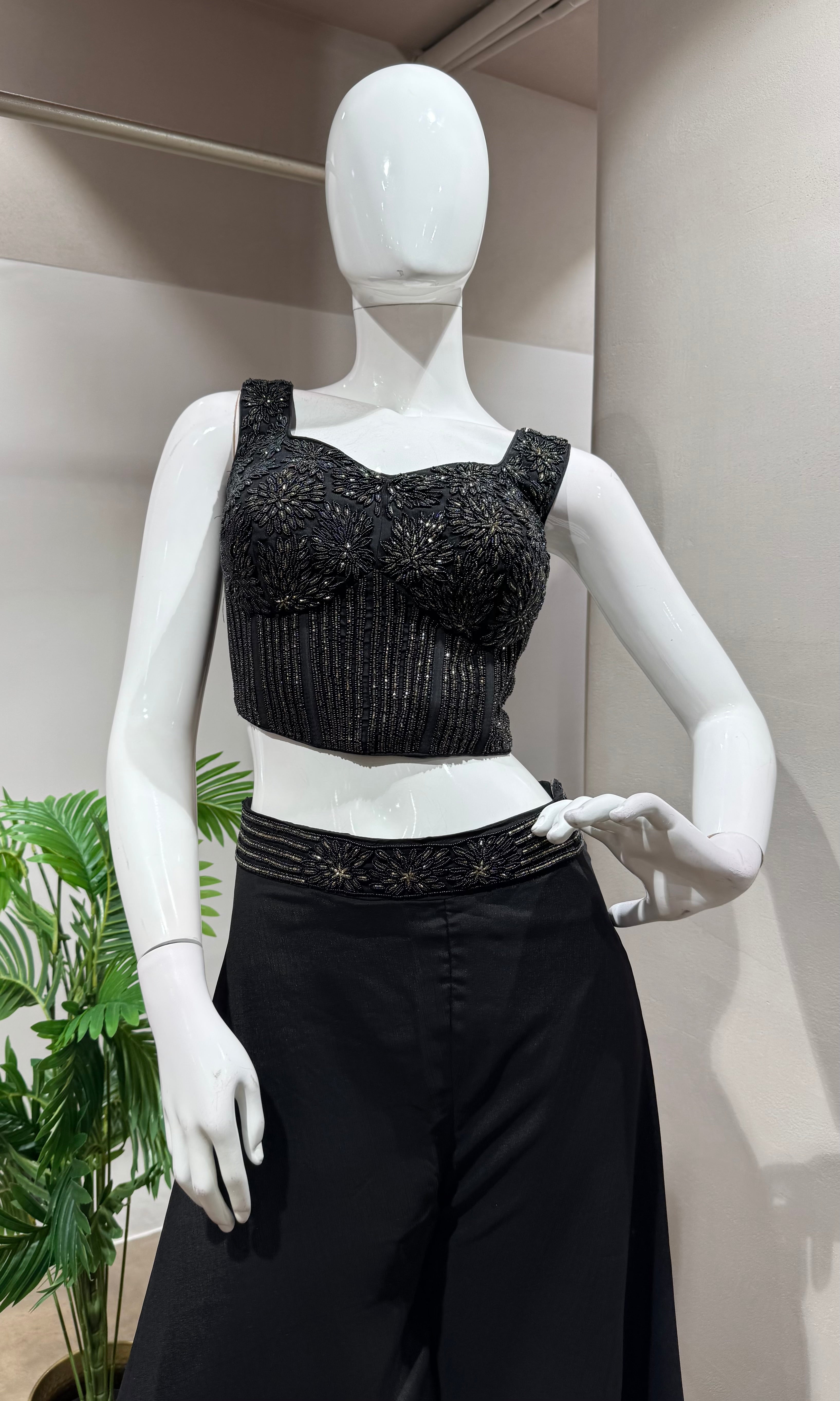 BLACK Embroidered Crop Top with Dhoti Skirt