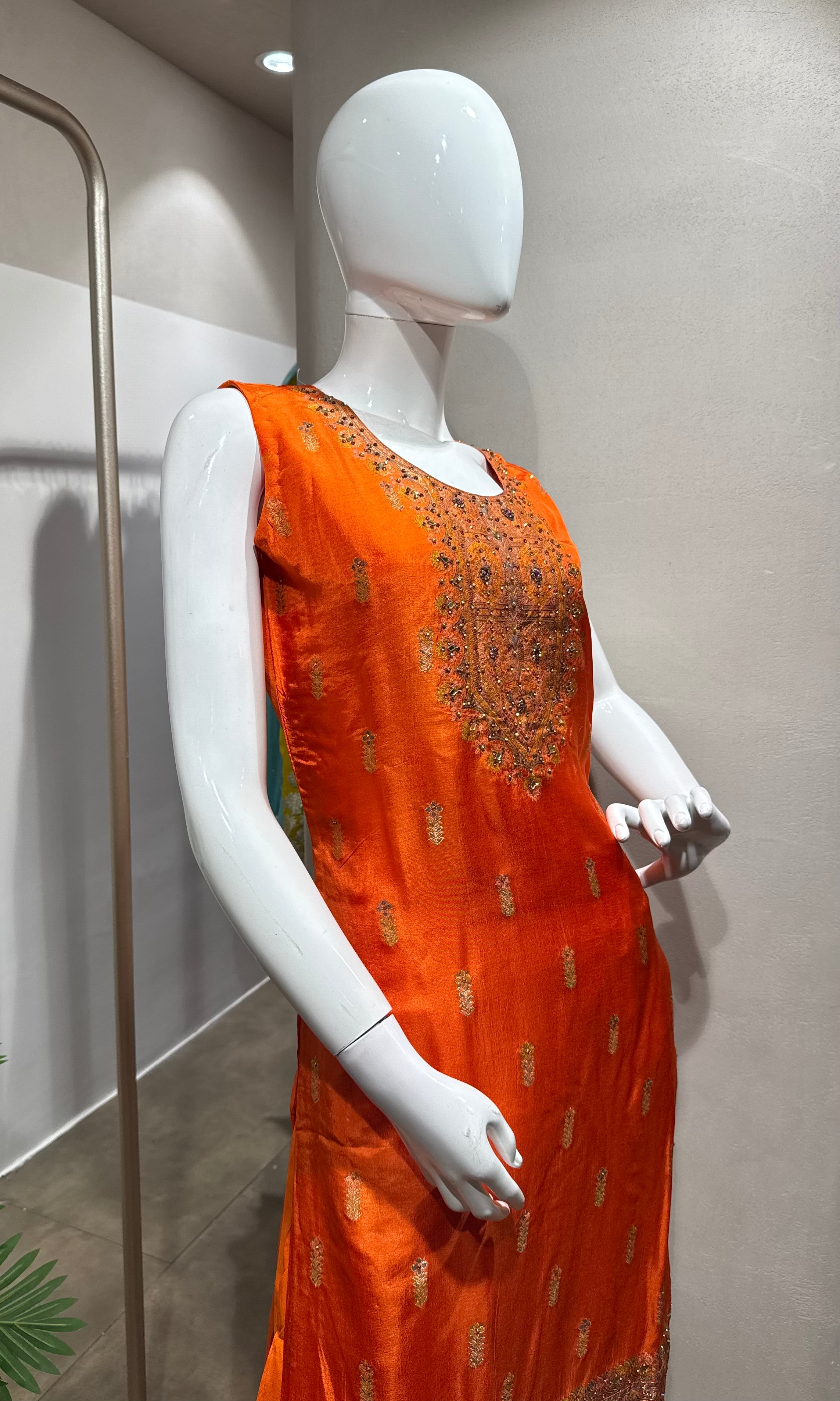 orange and gold embroidered kurta set