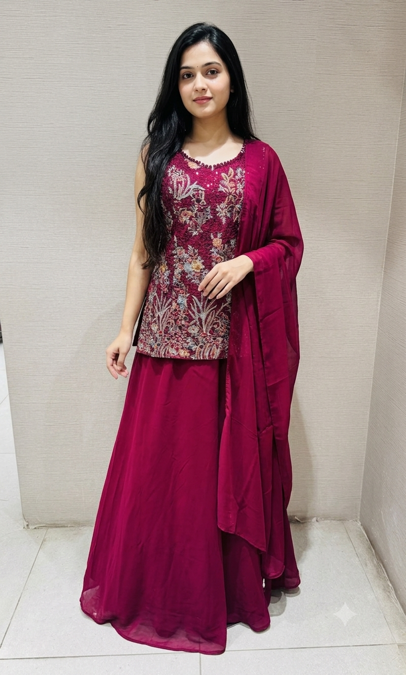 Wine floral zari georgette Palazzo set