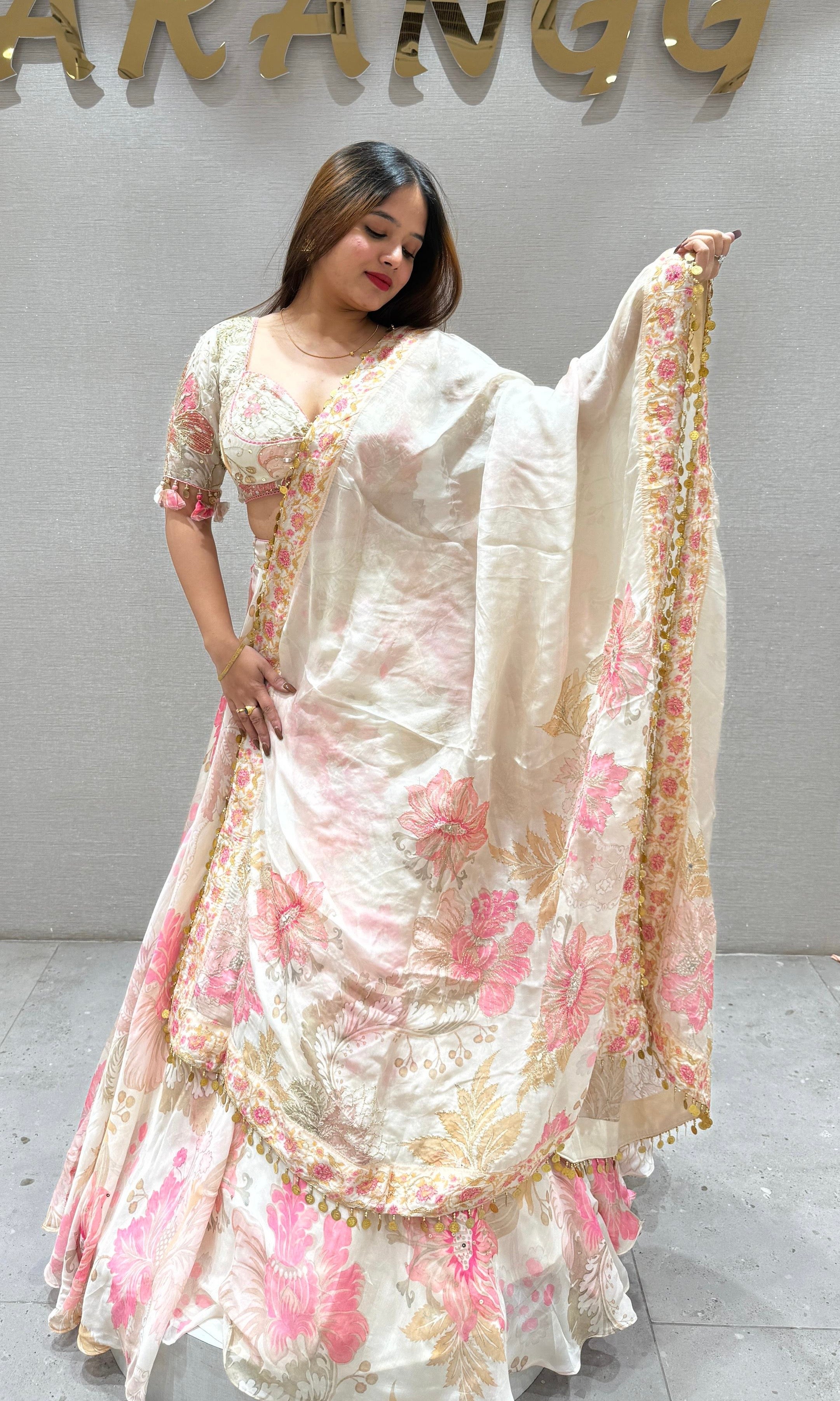 White and pink floral printed Lehenga