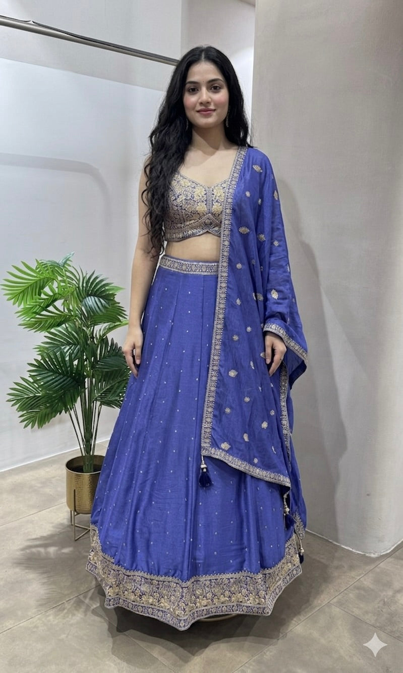 Blue EMBROIDERED LEHENGA WITH FLORAL MOTIF DUPATTA