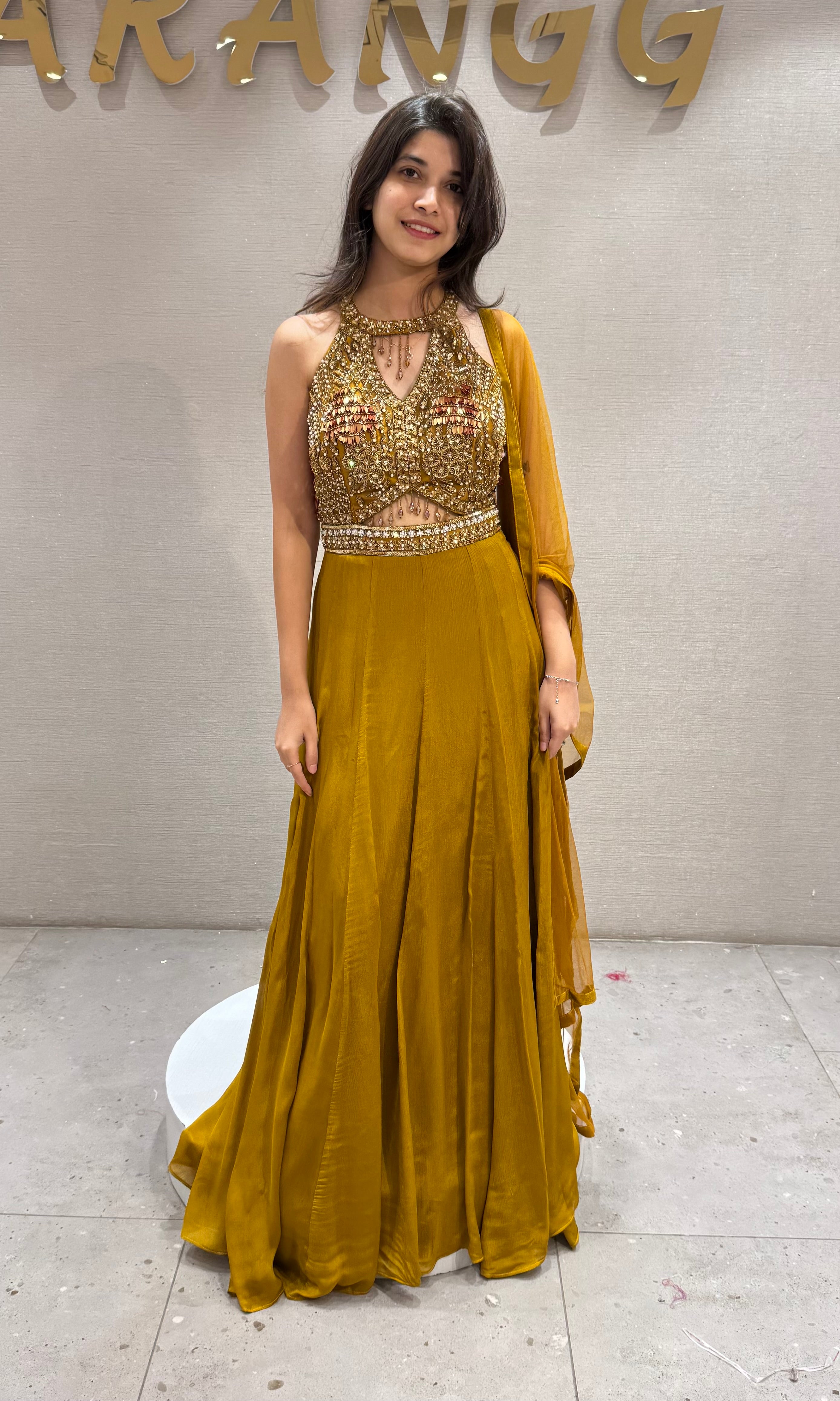 Mustard Georgette with Cutdana Embroidery Frock