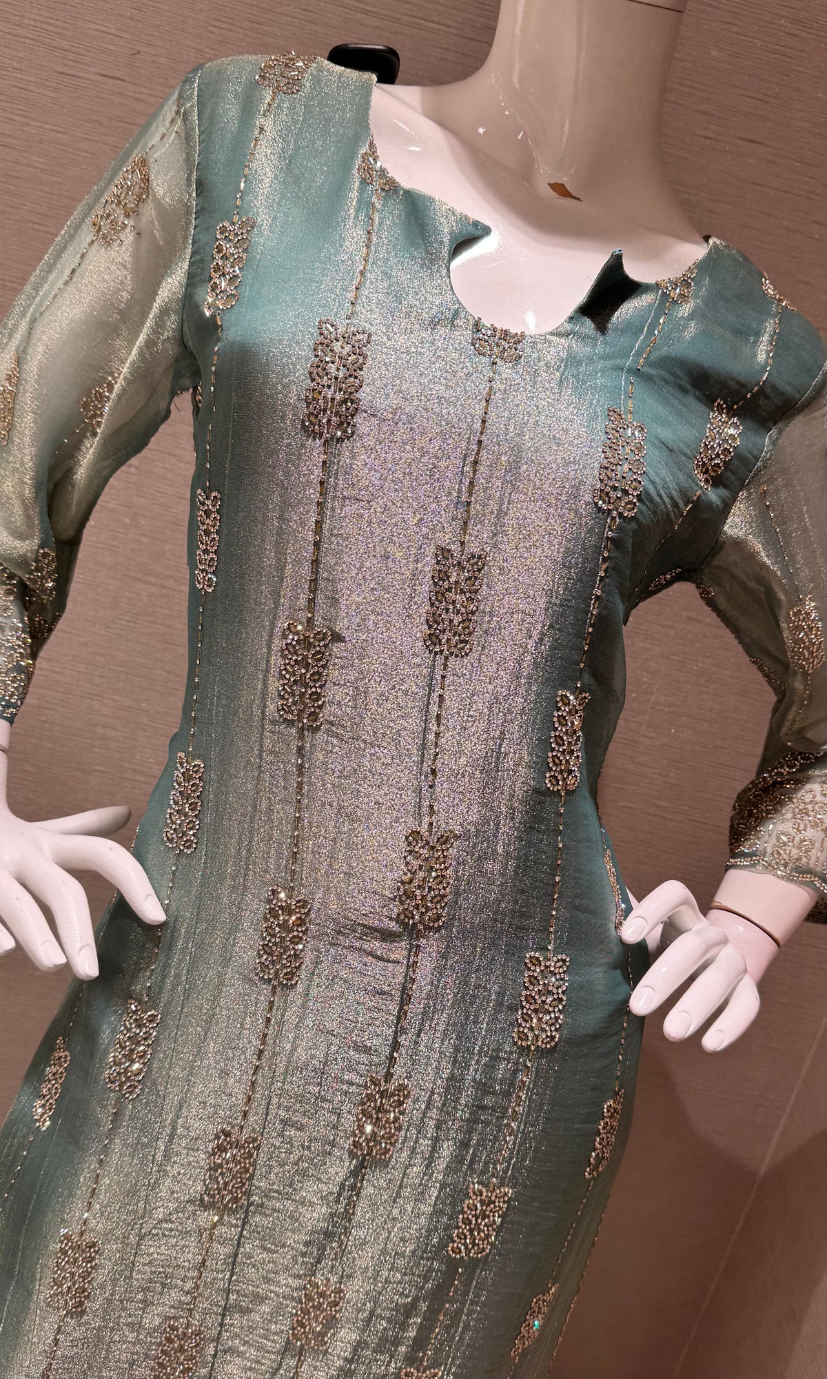 sage green tissue silk embroidered kurta set