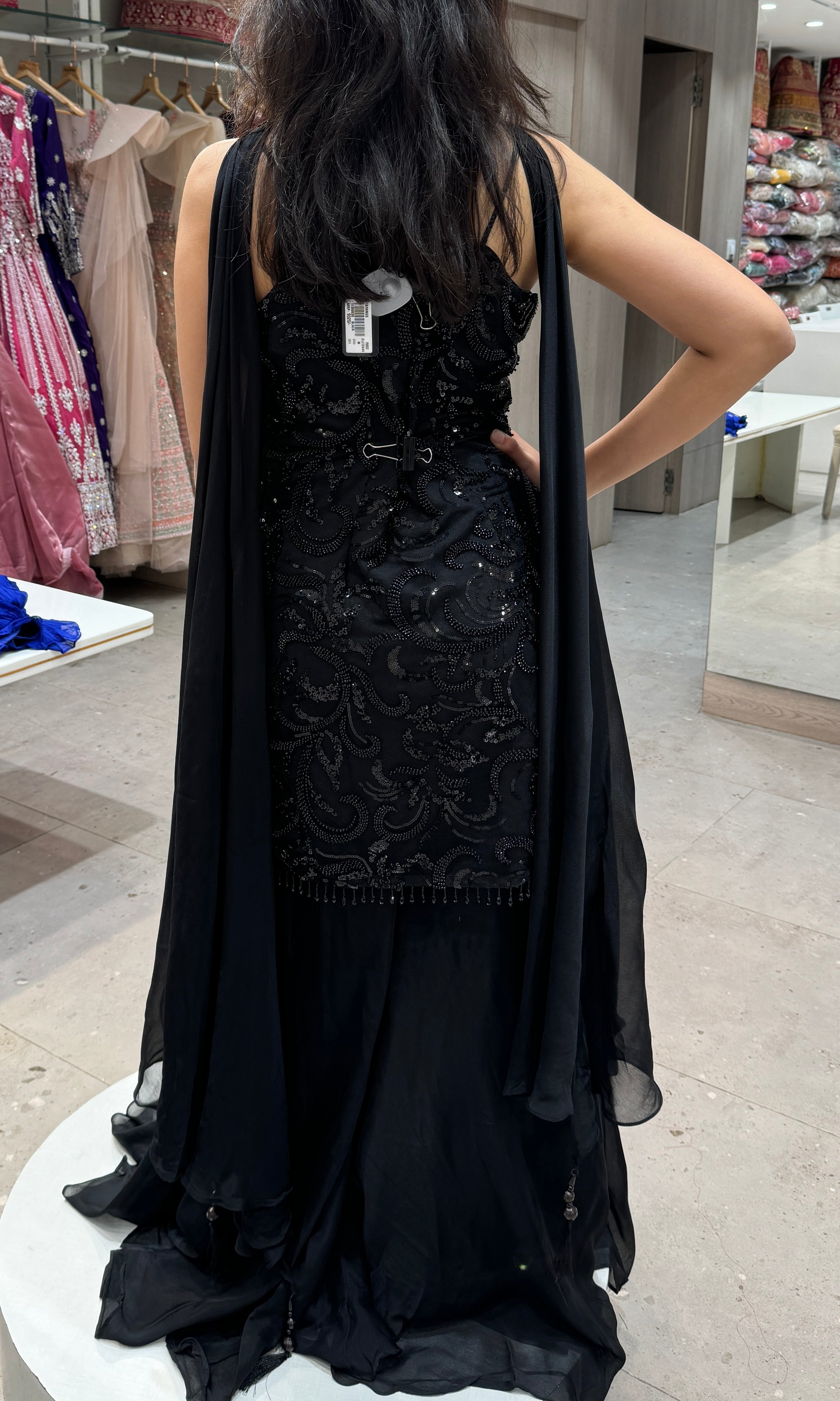 Black on black Sequins palazzo set with choker long asymmetrical dupatta
