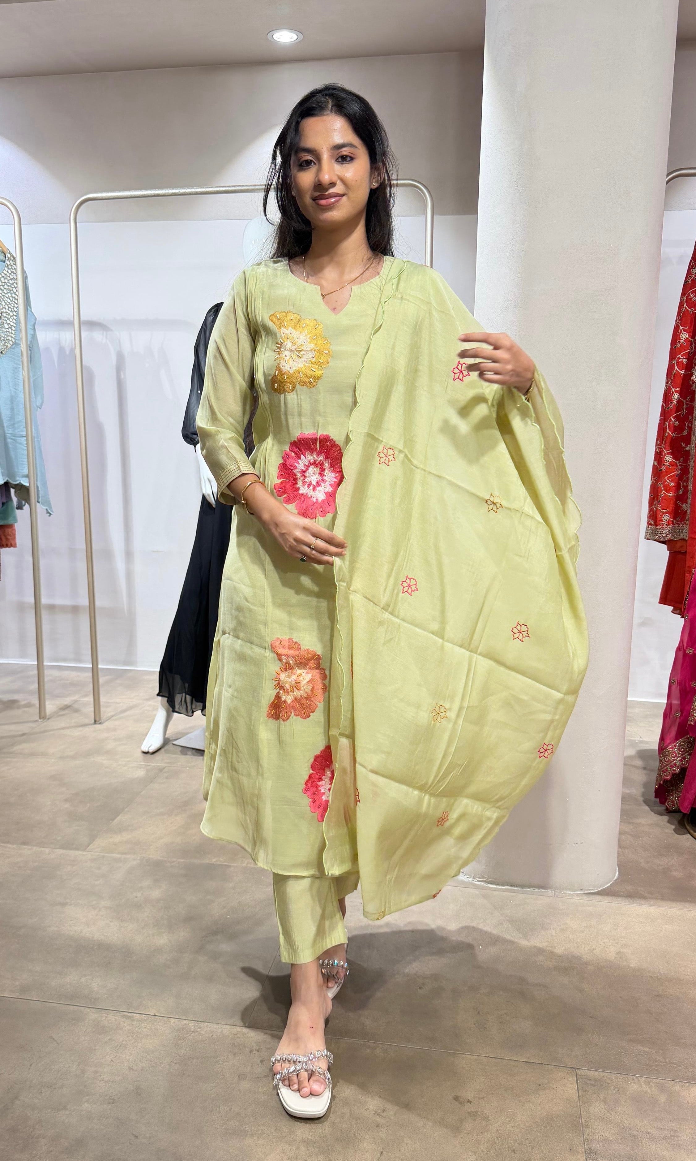 pista green floral printed kurta set