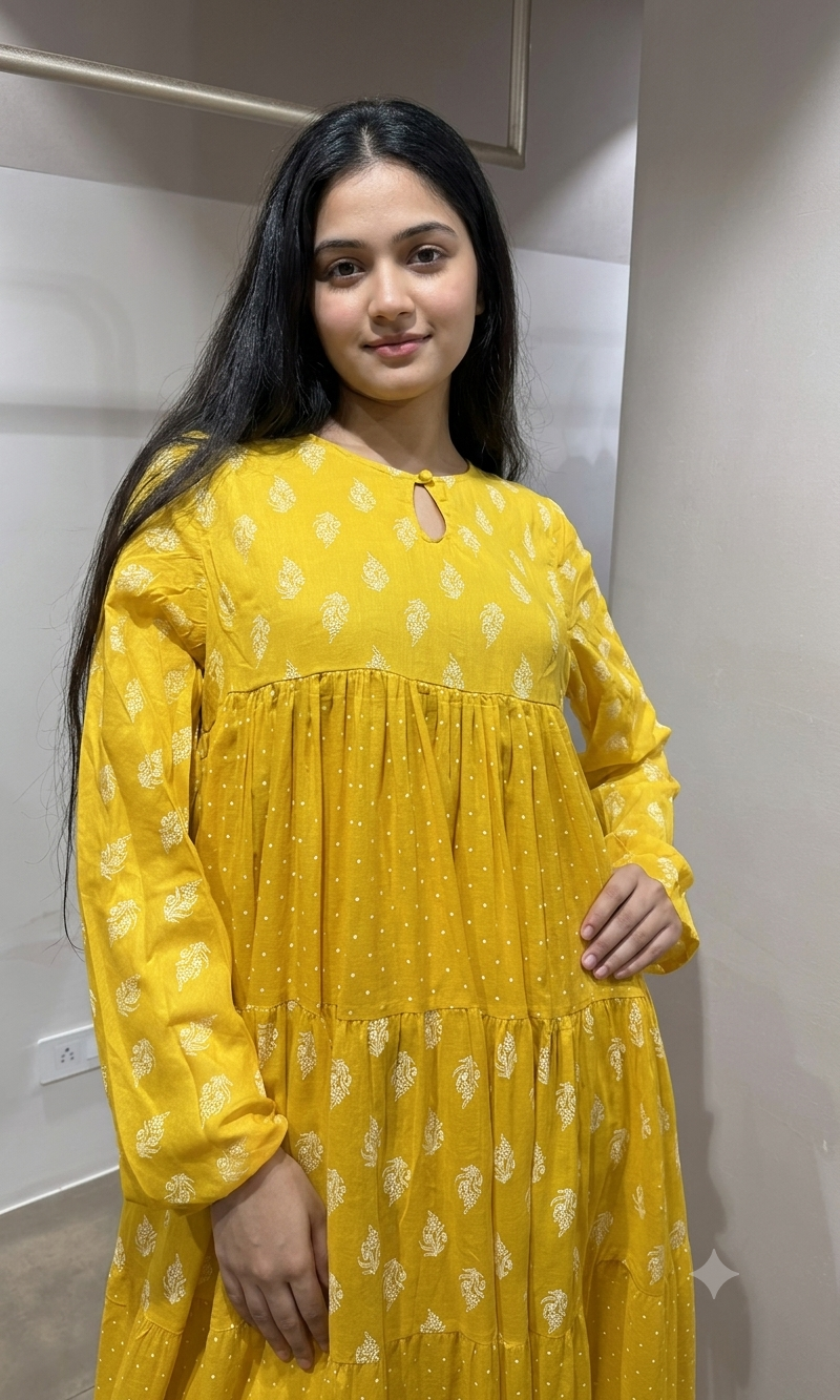 Mustard Floral Block Print anarkali Set with Dupatta