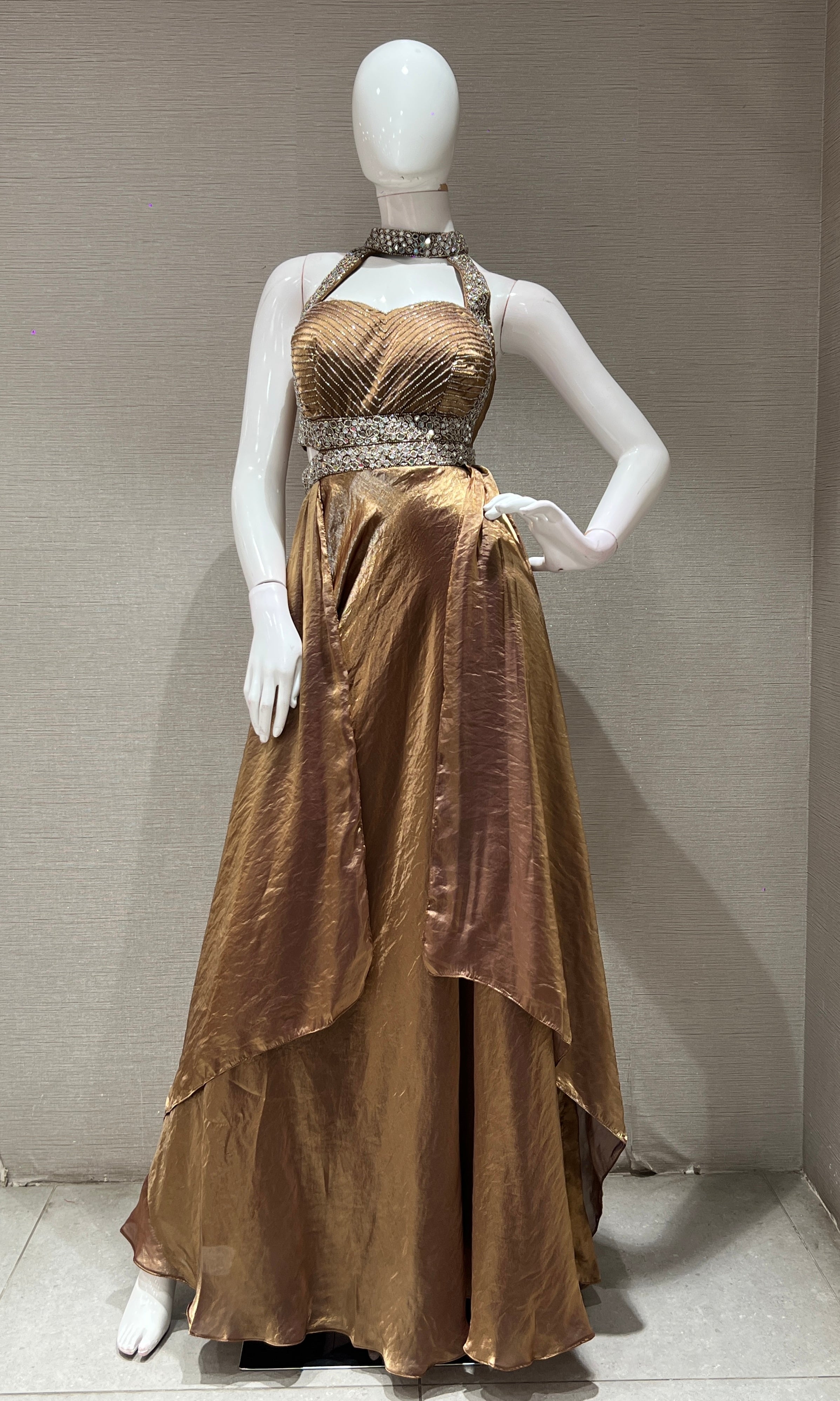 brown AND gold EMBELLISHED JUMPSUIT