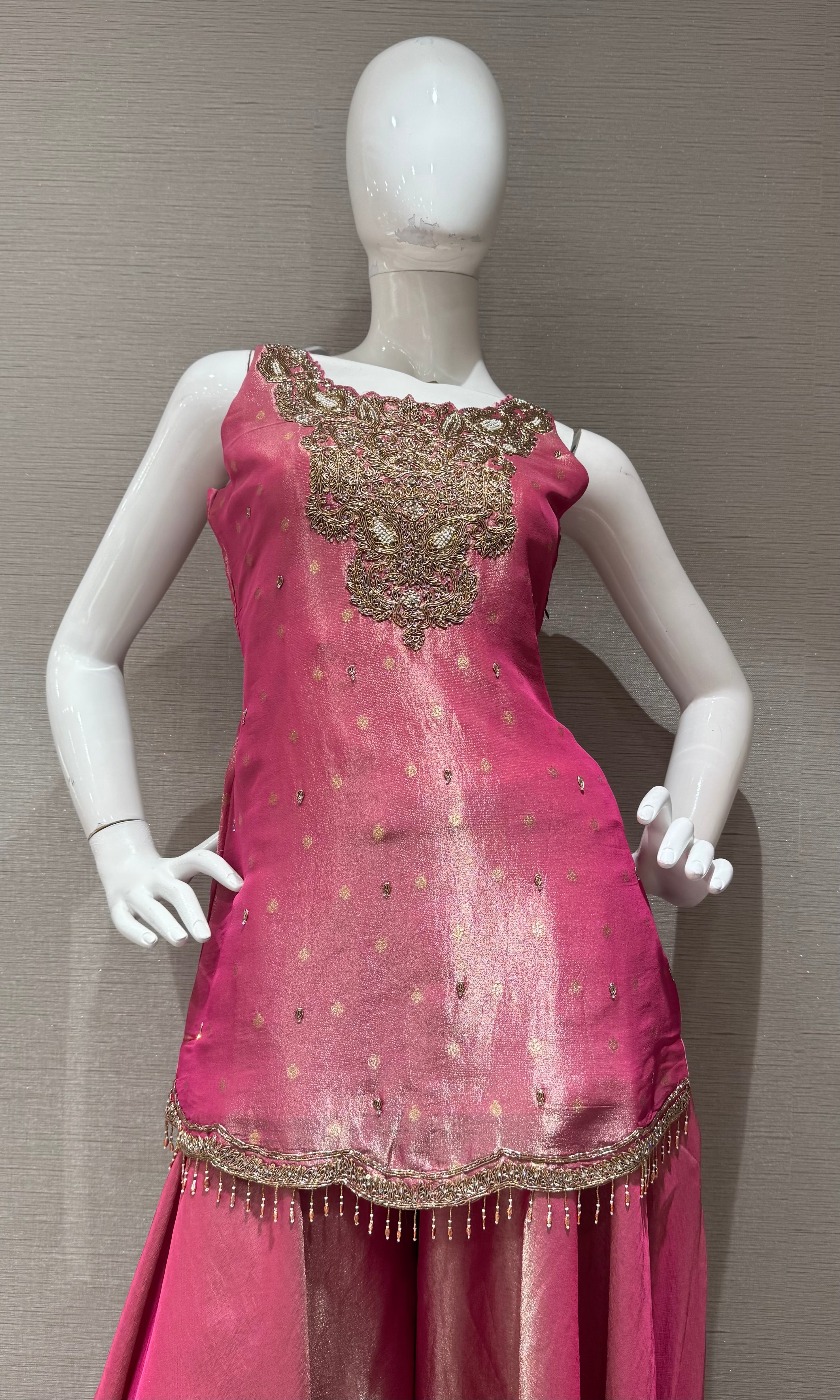 Rani Gold Tissue silk Embroidered Sharara Set