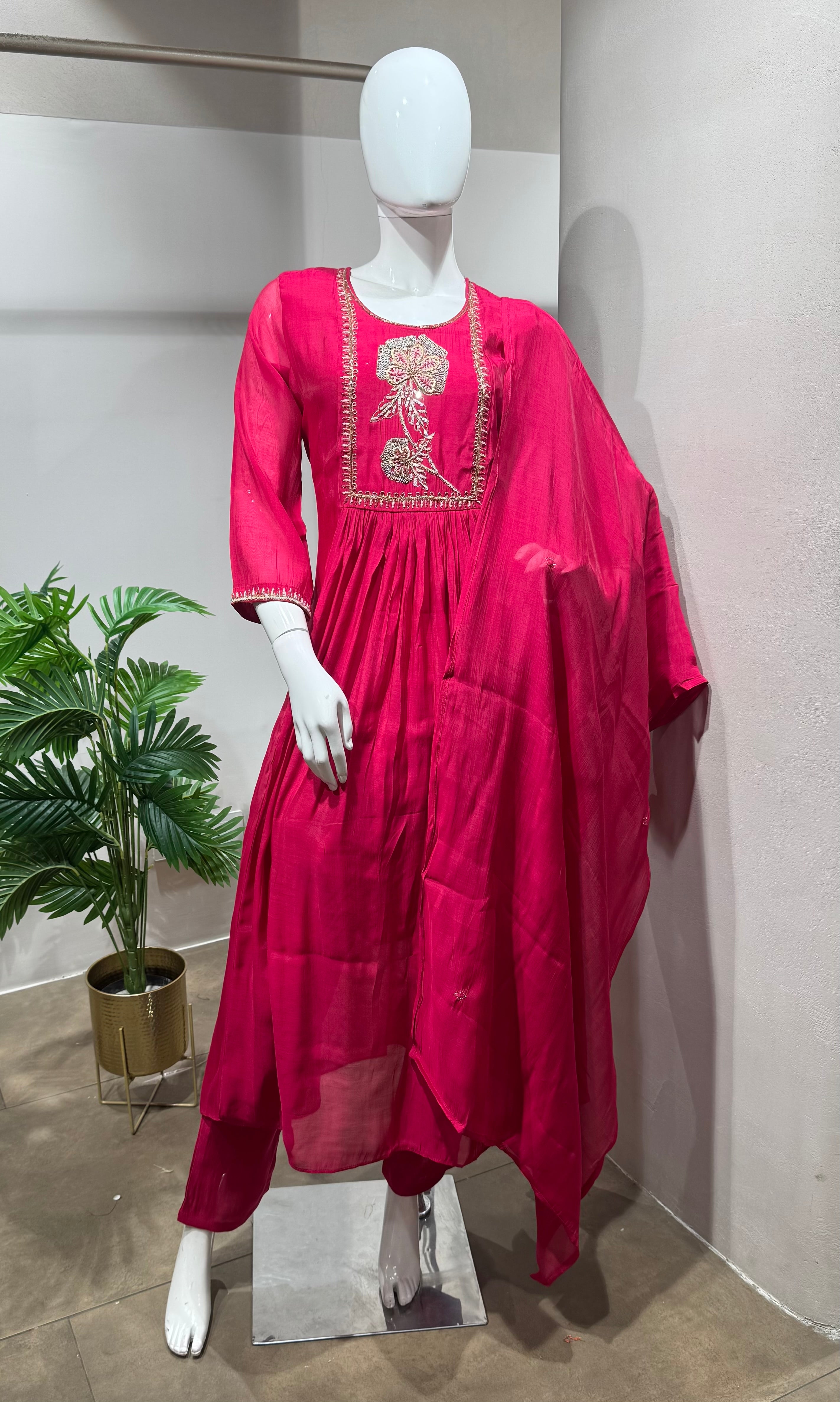 Pink blossom floral embroidered kurta set