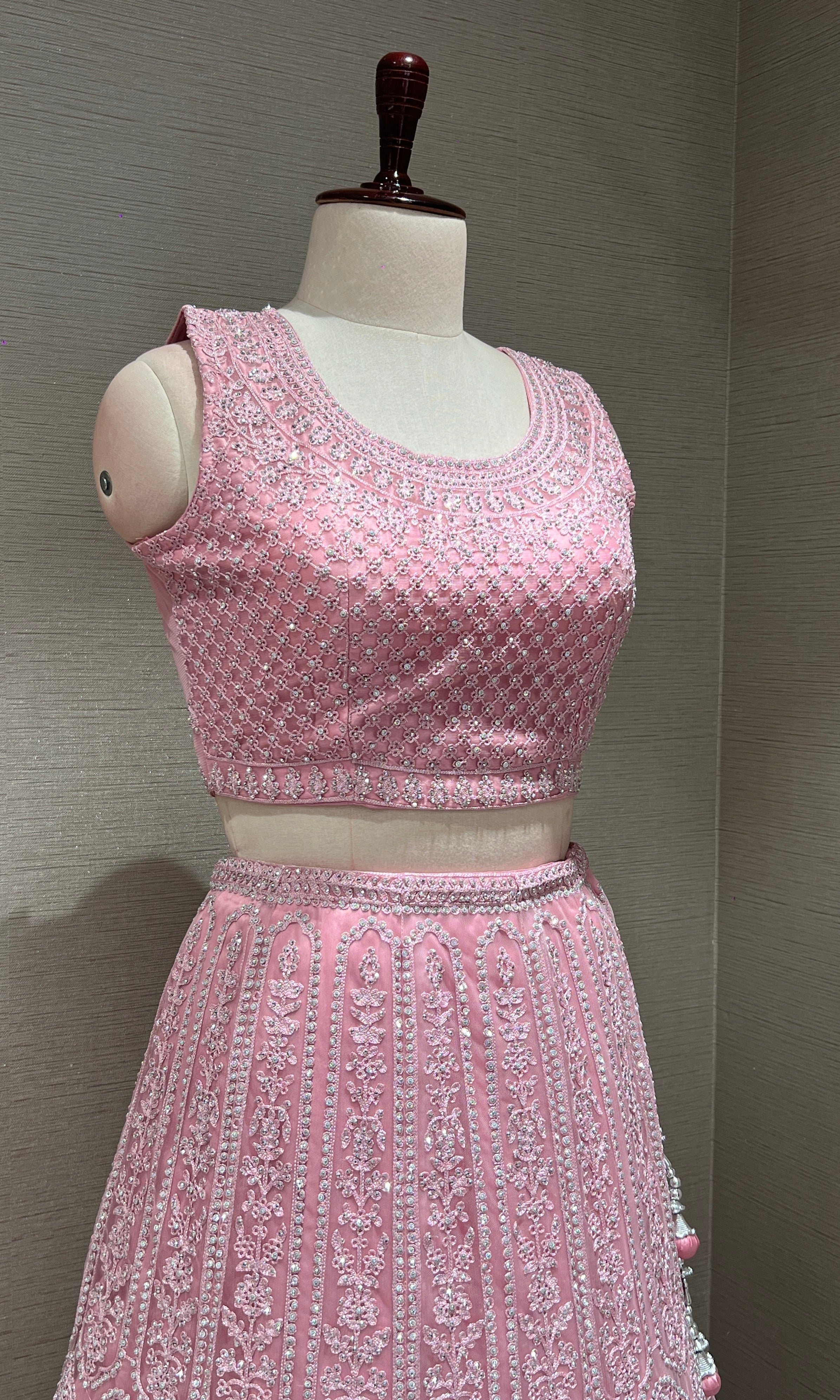 blush pink net intricate embroidered Lehenga