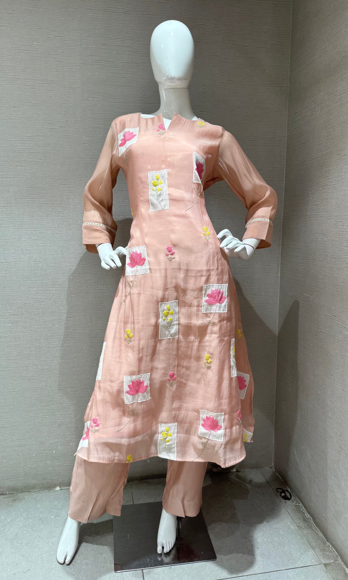 Blush Pink Floral Patchwork Kurta Set with Dupatta