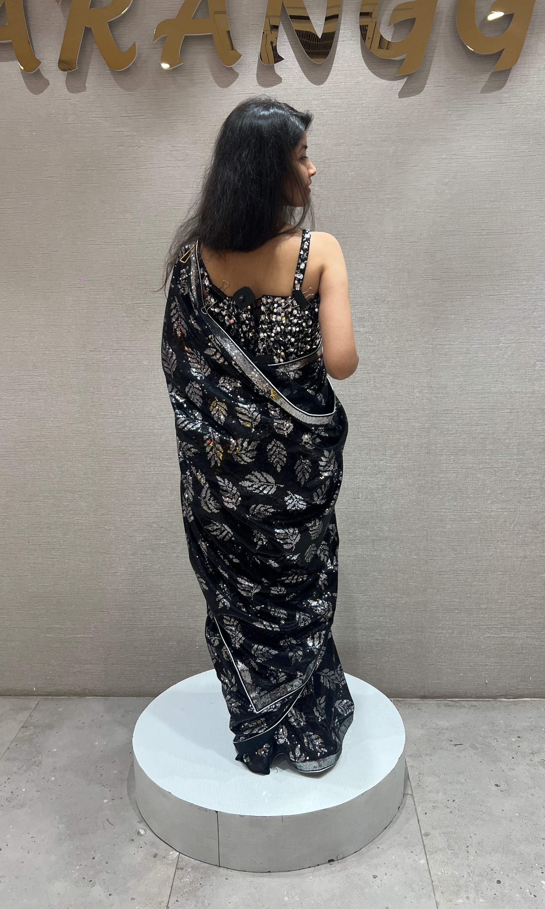 Black sequin designer saree with ready blouse