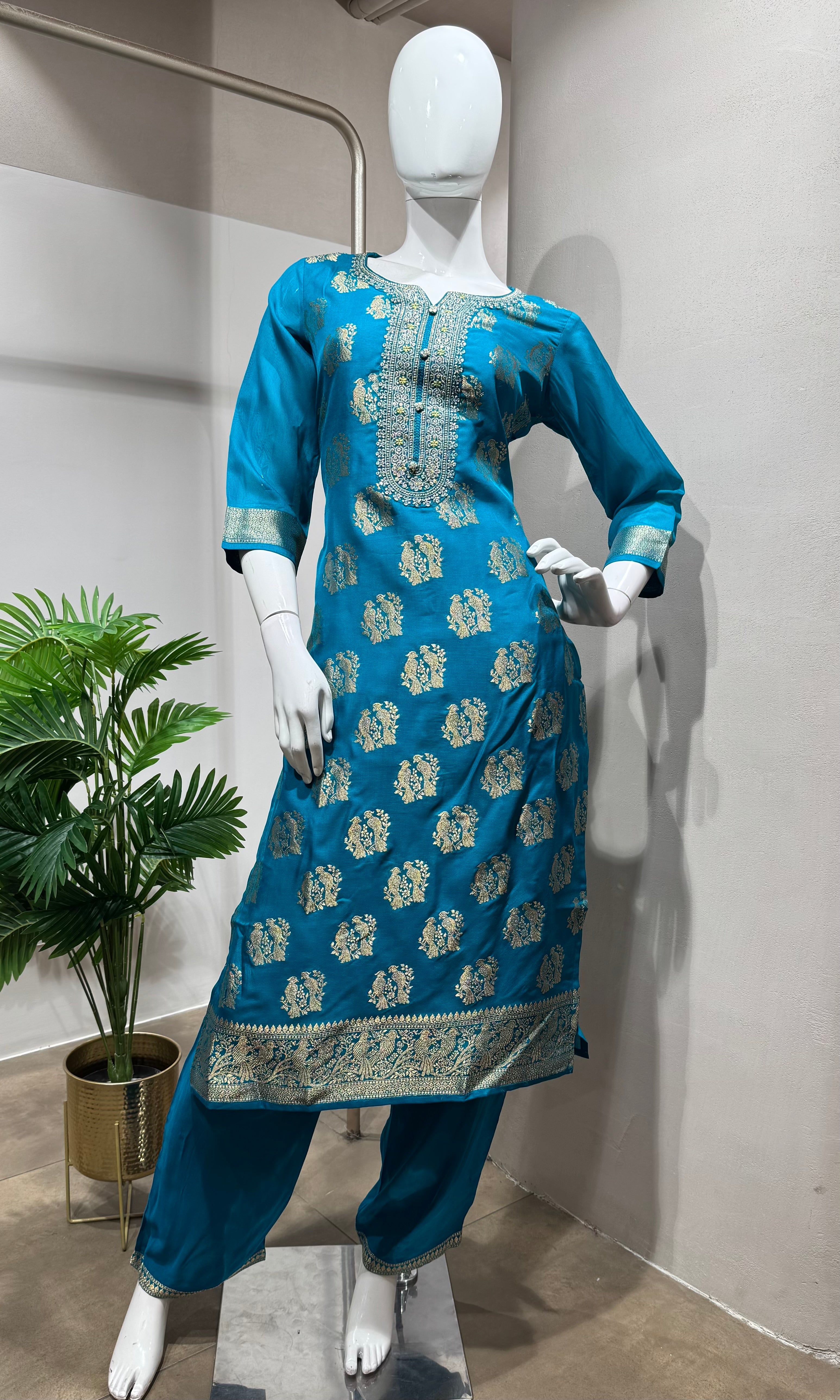 Rama Blue Silk embroidered kurta set