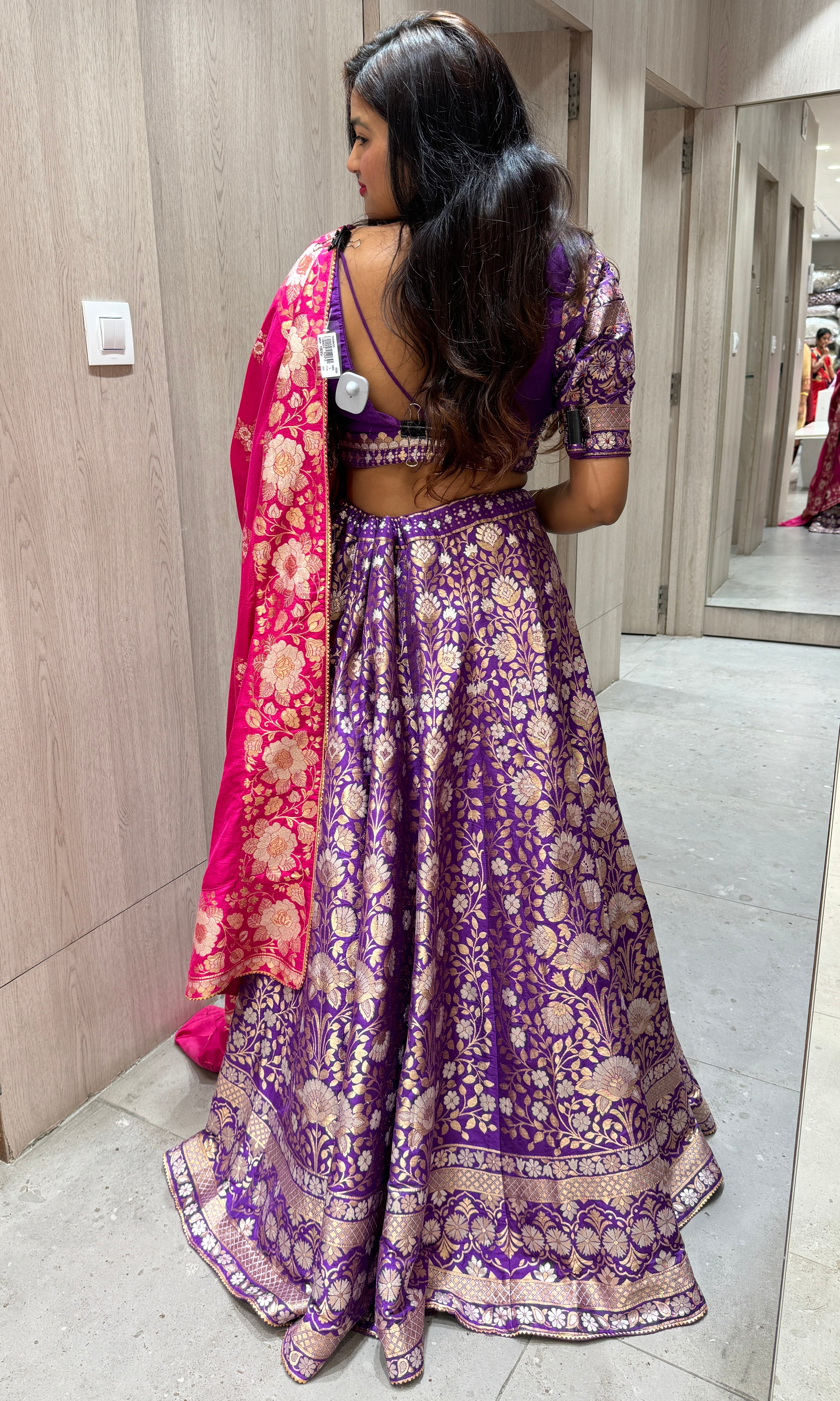 Purple Lehenga with pink Banarasi dupatta