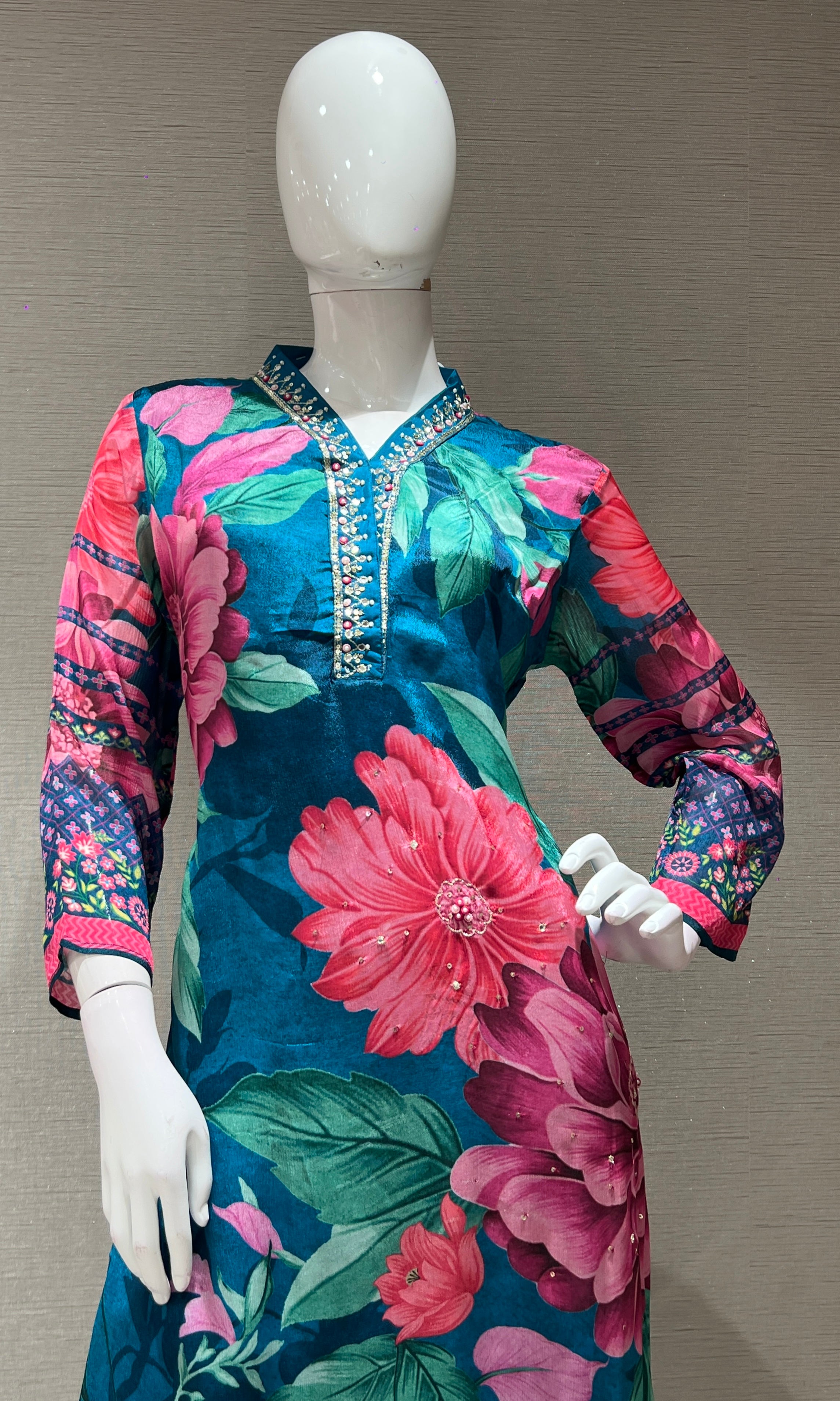 Rama blue floral kurta set