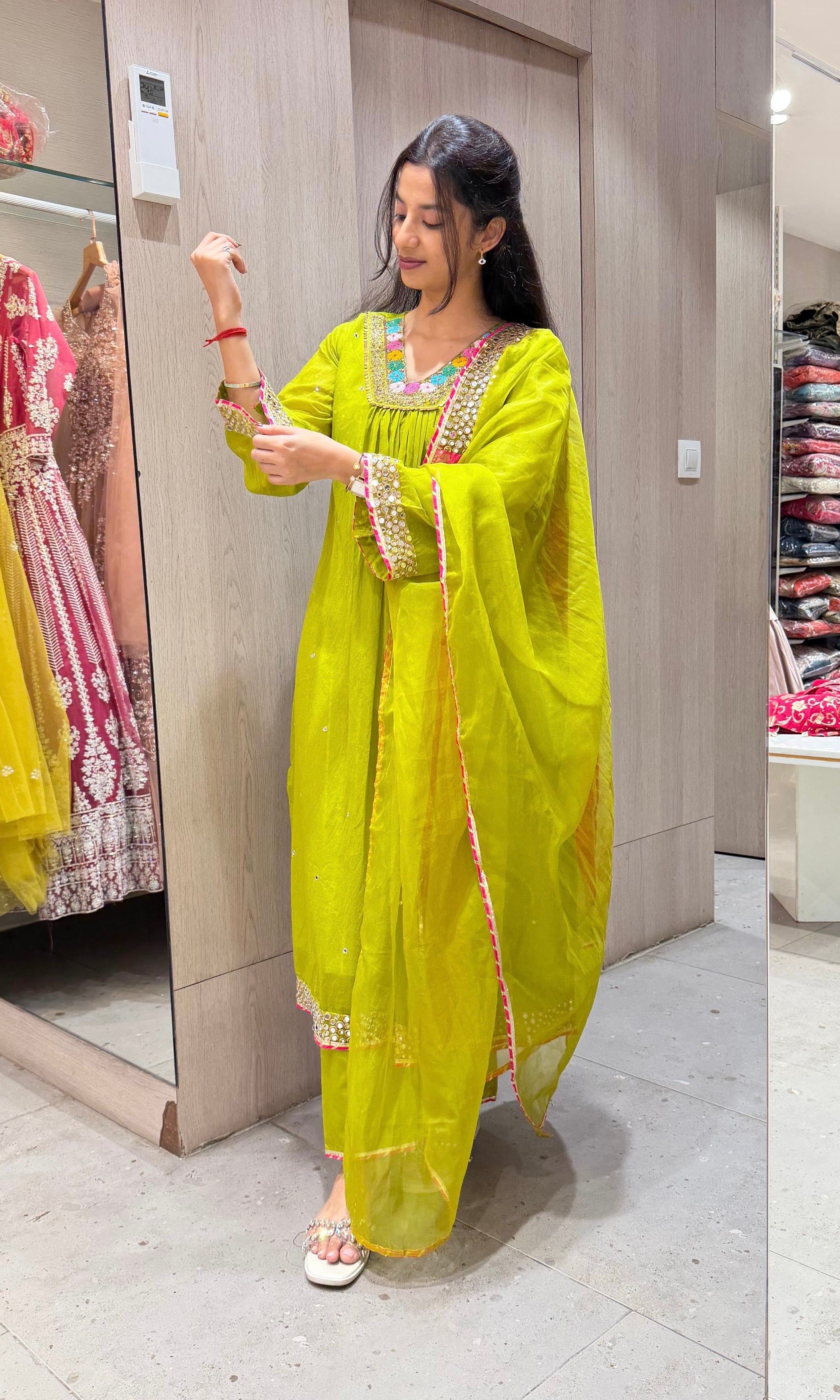 GREEN FLORAL NECK A LINE kurta set