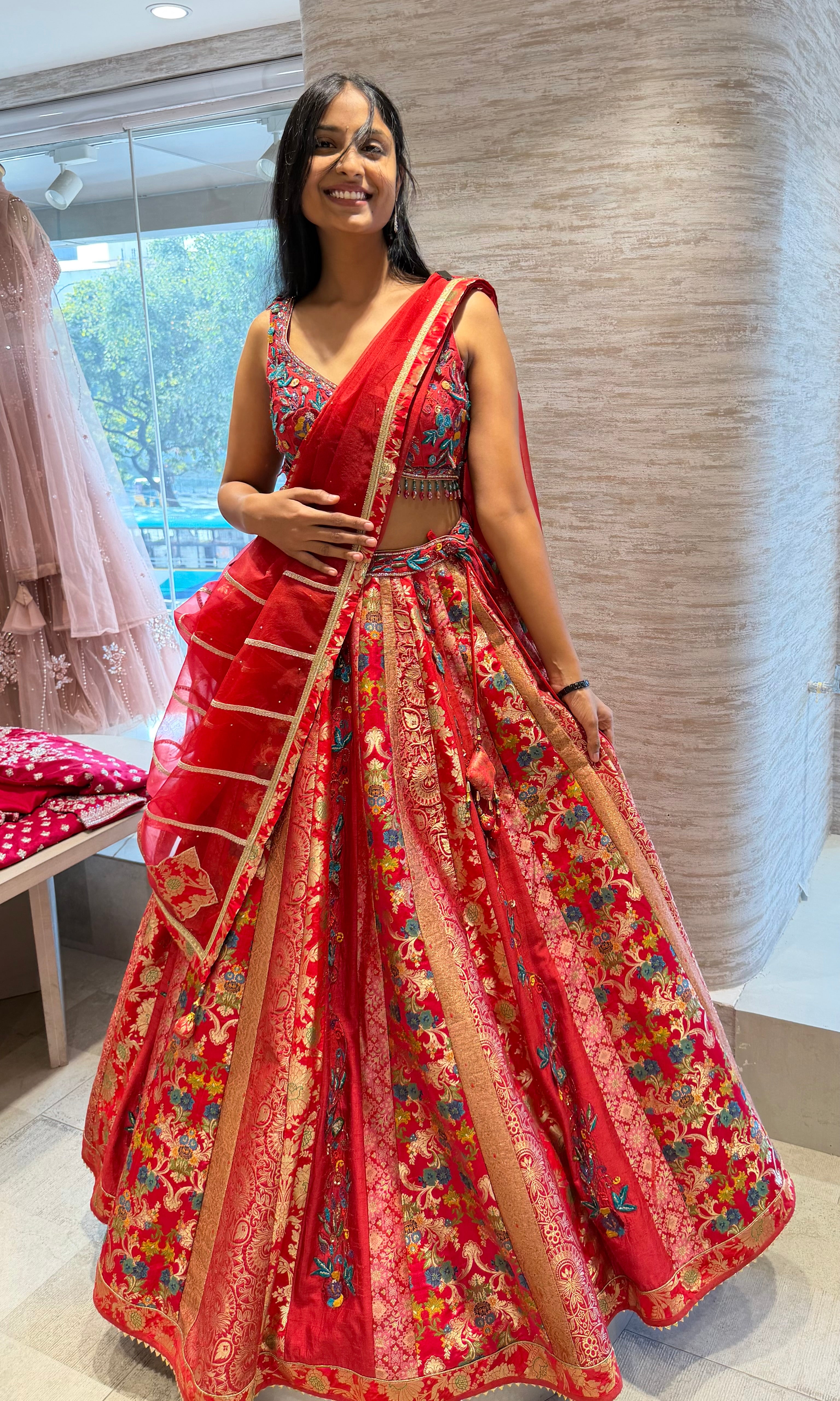Red Floral Embroidered Lehenga Set