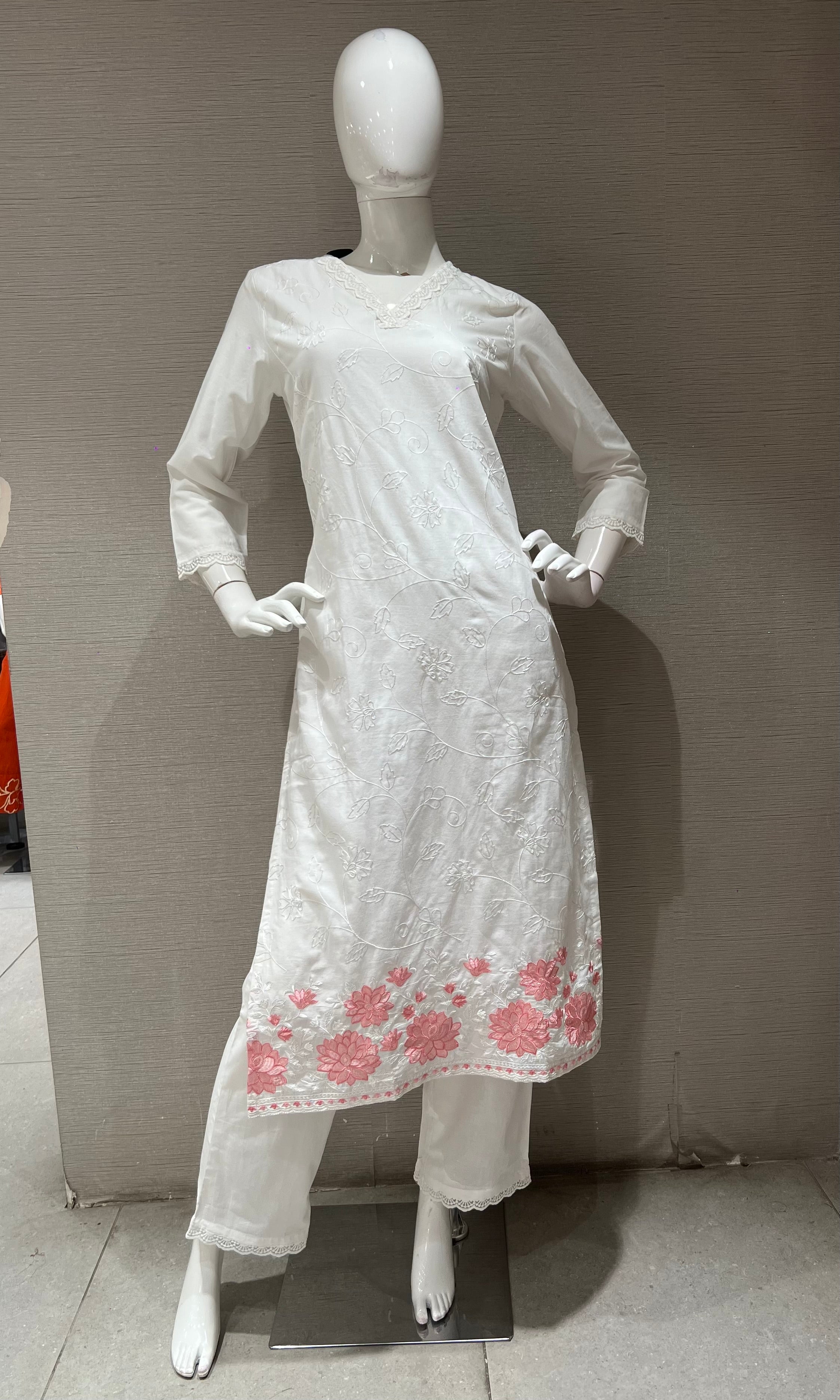 White Cotton Kurta Set with Pink Floral Embroidery
