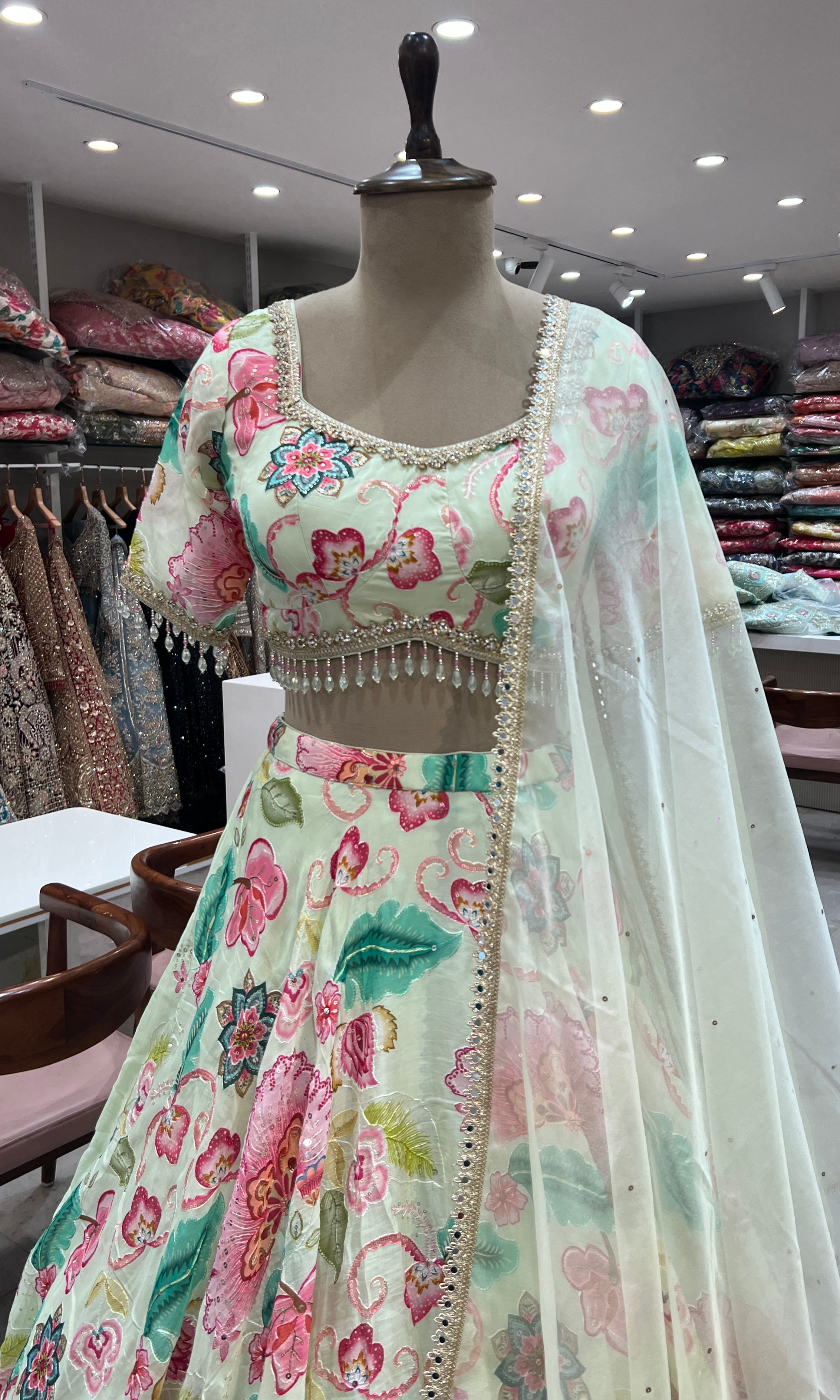 Pista green Floral Printed Lehenga