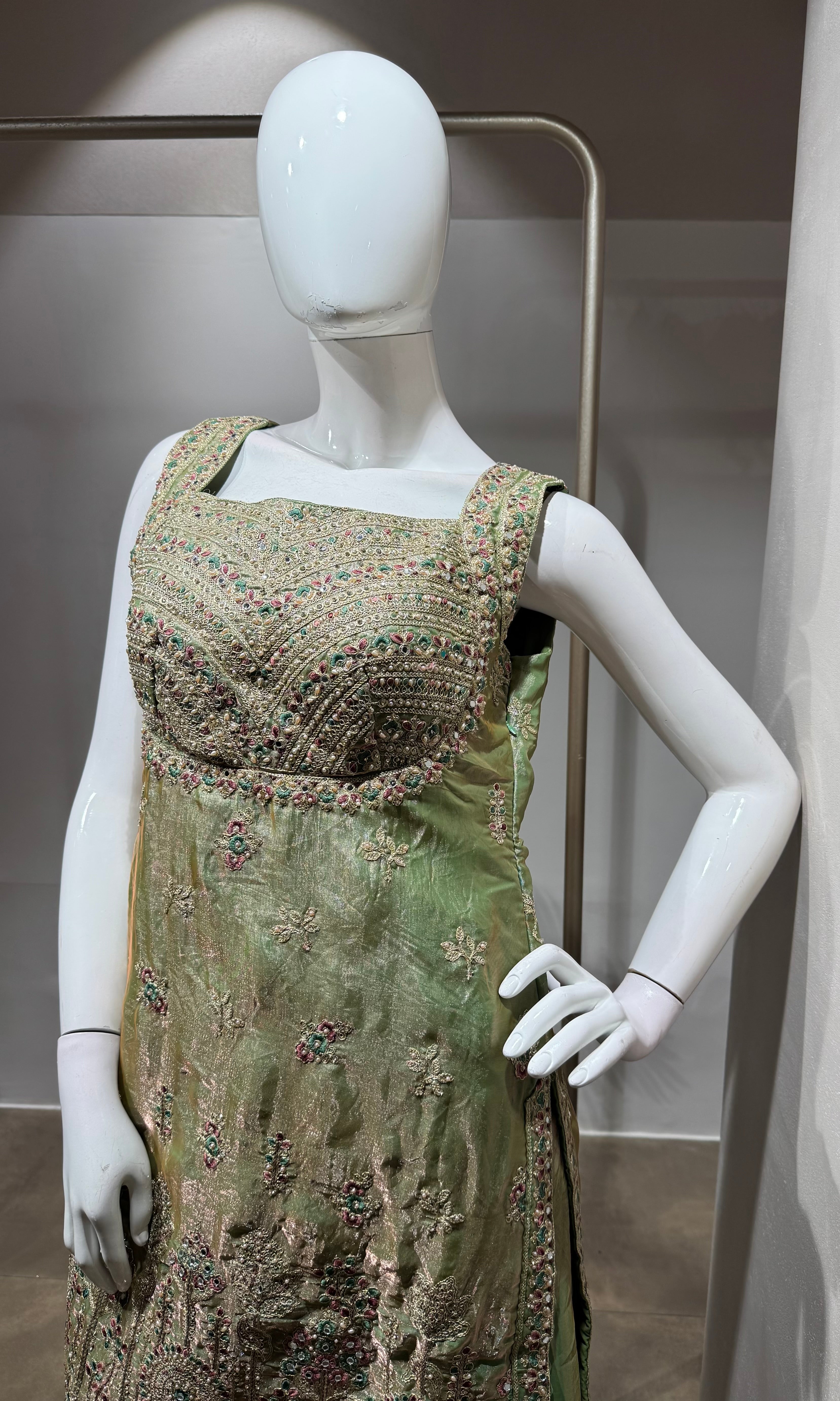 GREEN golden embroidered silk sharara set