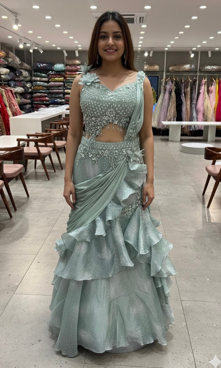 Pista green RUFFLES Lehenga WITH FLORAL BLOUSE