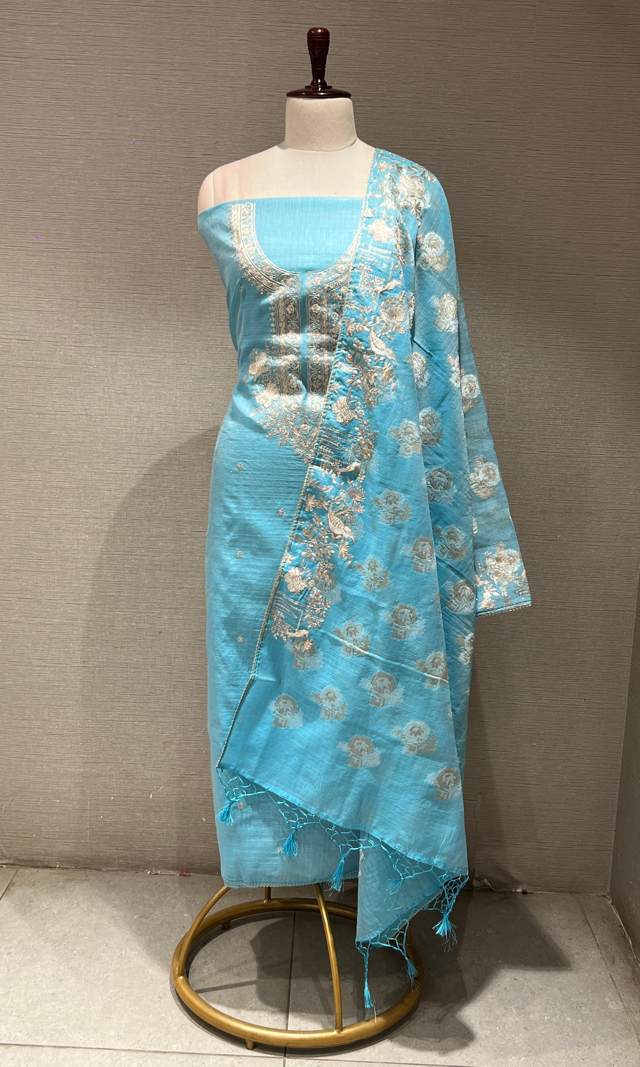 white christmas dresses Sky Blue Cotton Kotadoria Embroidery Dress Materials – Kotadoriaworld main image 0