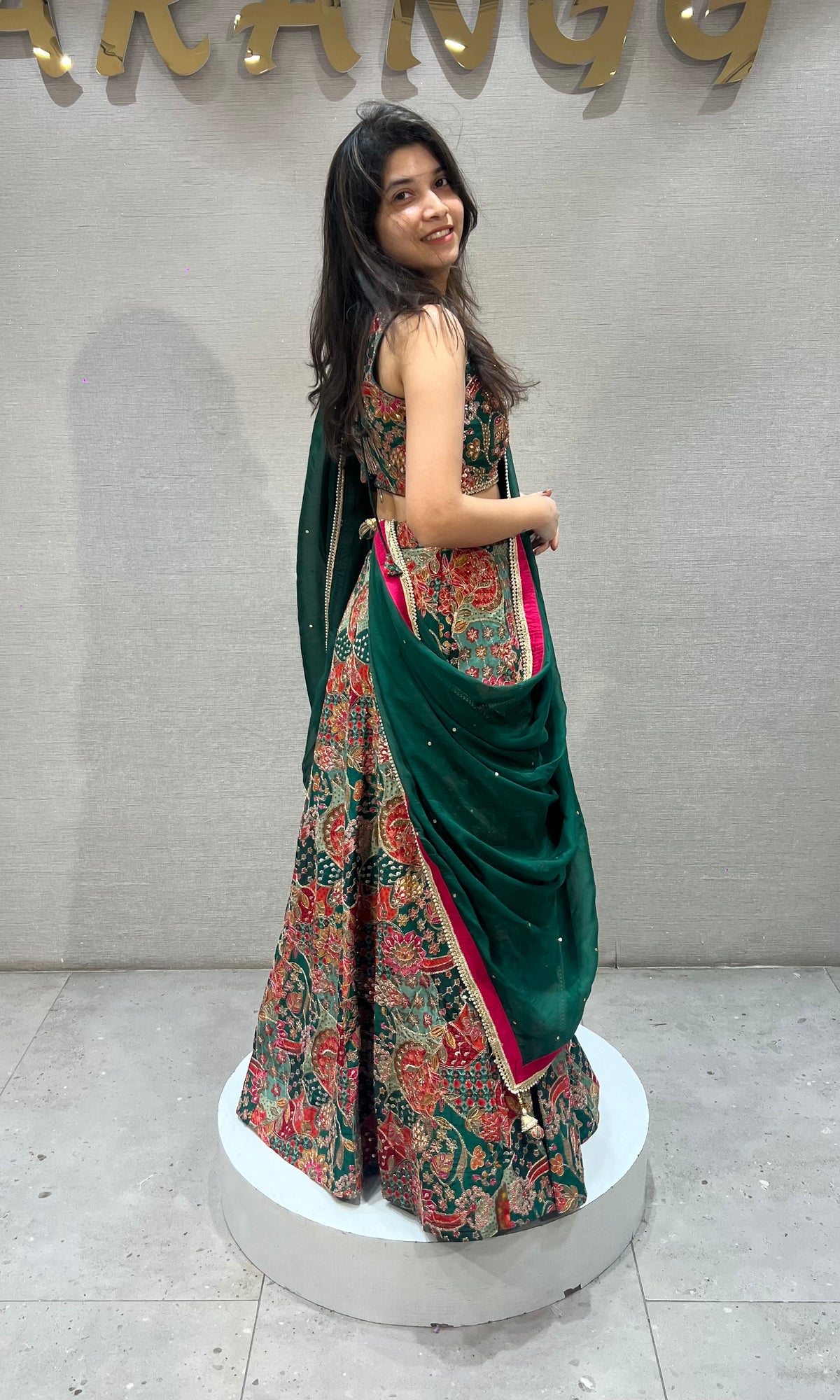 Green silk Intricate floral printed lehenga set