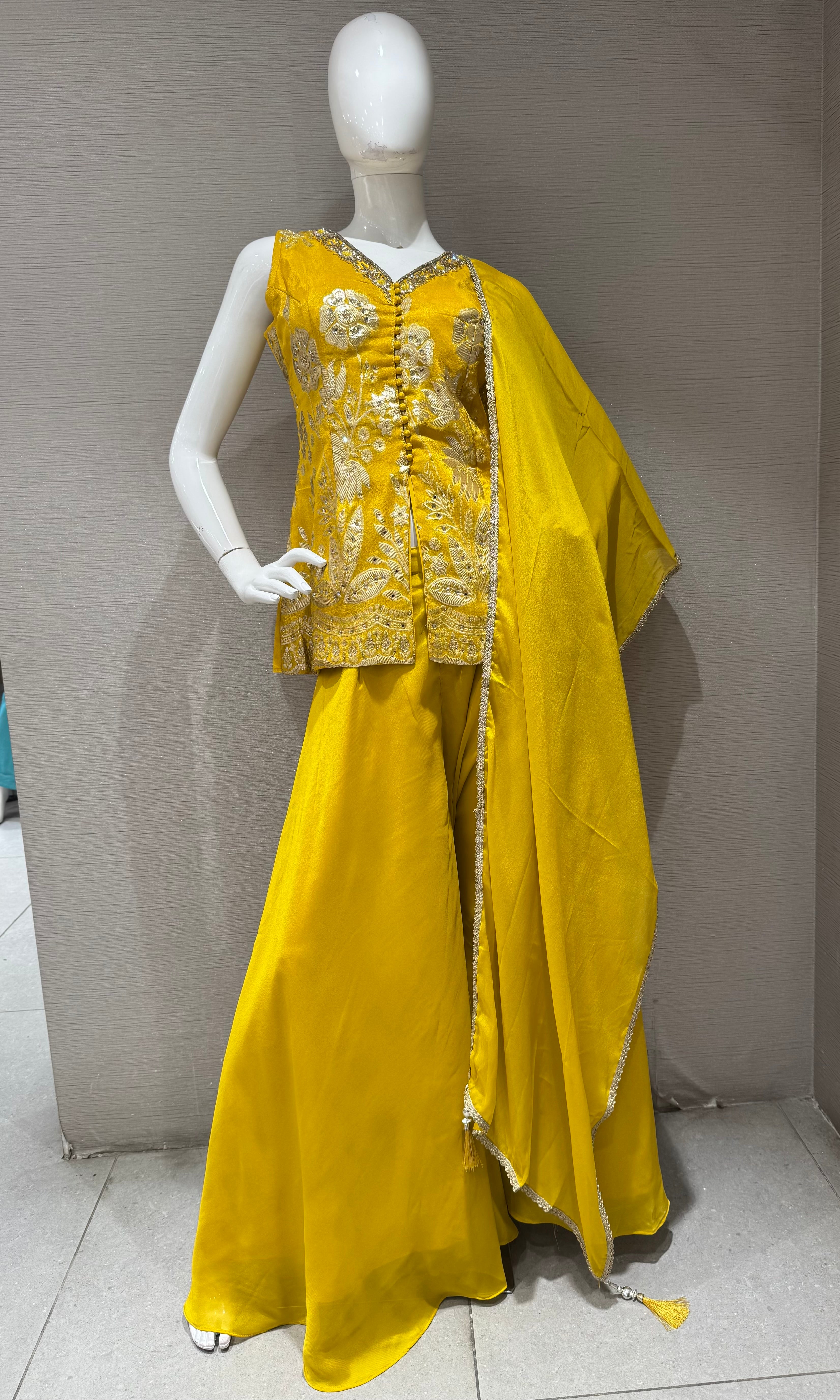 Yellow Embroidered Short Peplum Palazzo Set with Dupatta