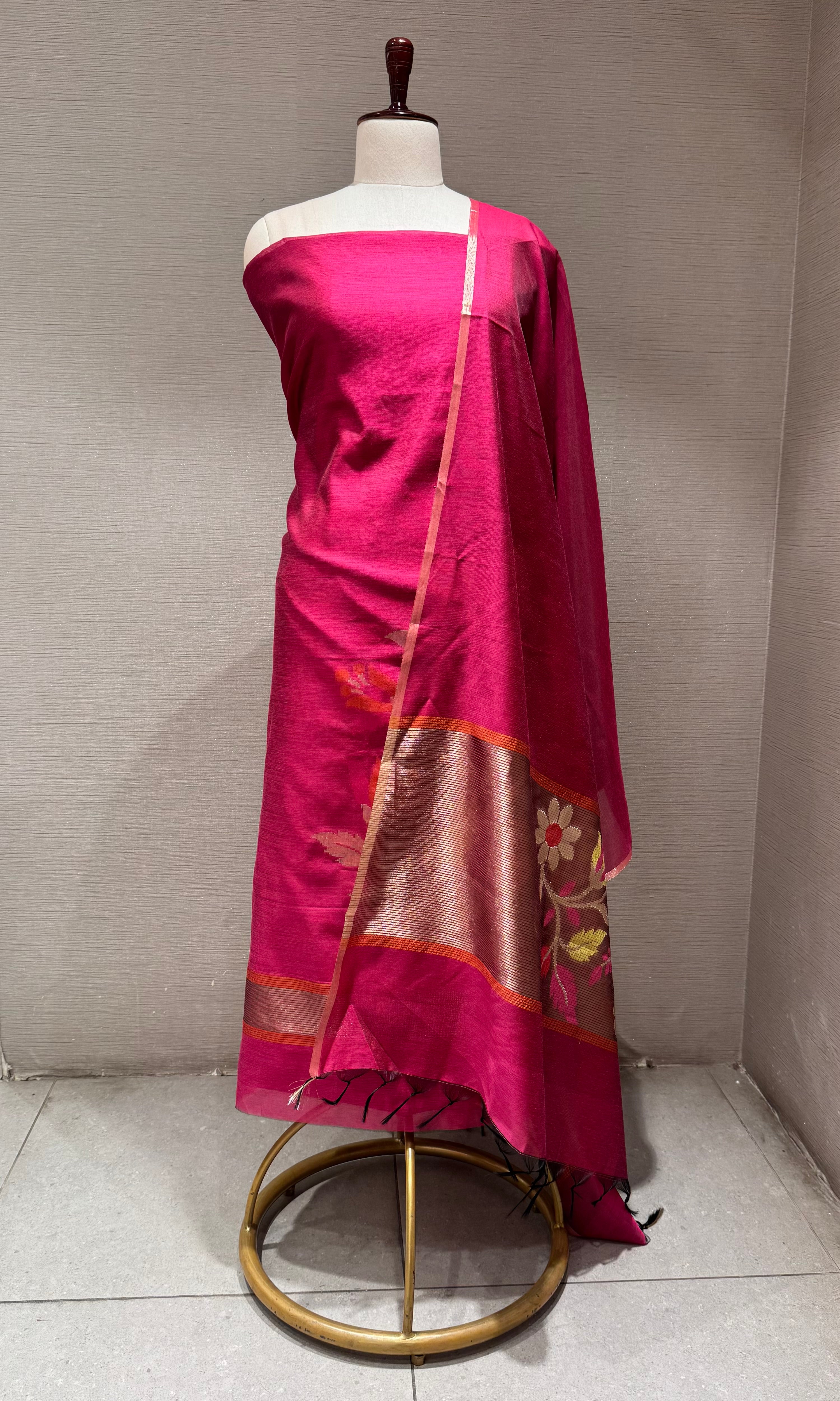 Maroon Magenta Silk-Blend with Floral dress material