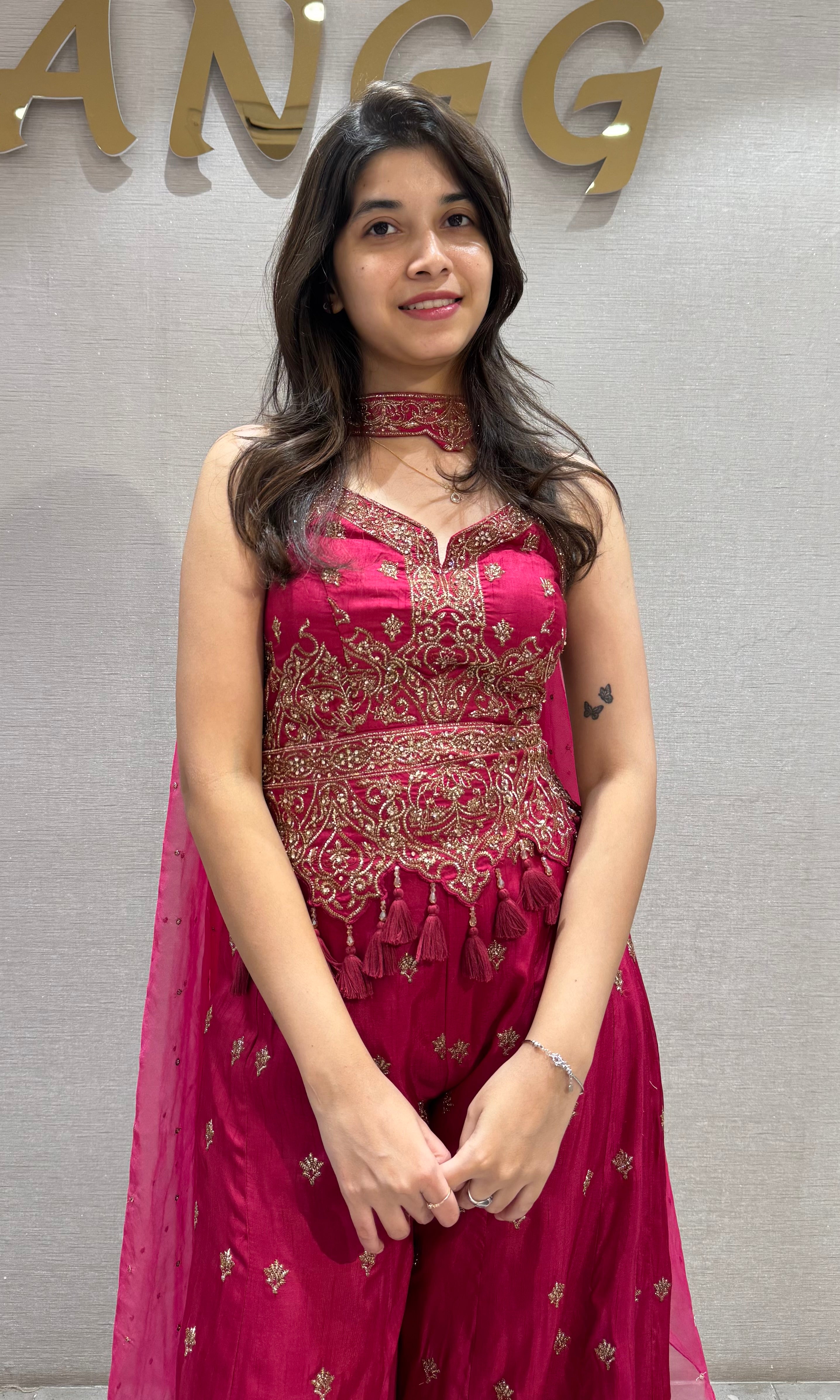 Fuchsia Pink Embroidered Peplum and Palazzo set