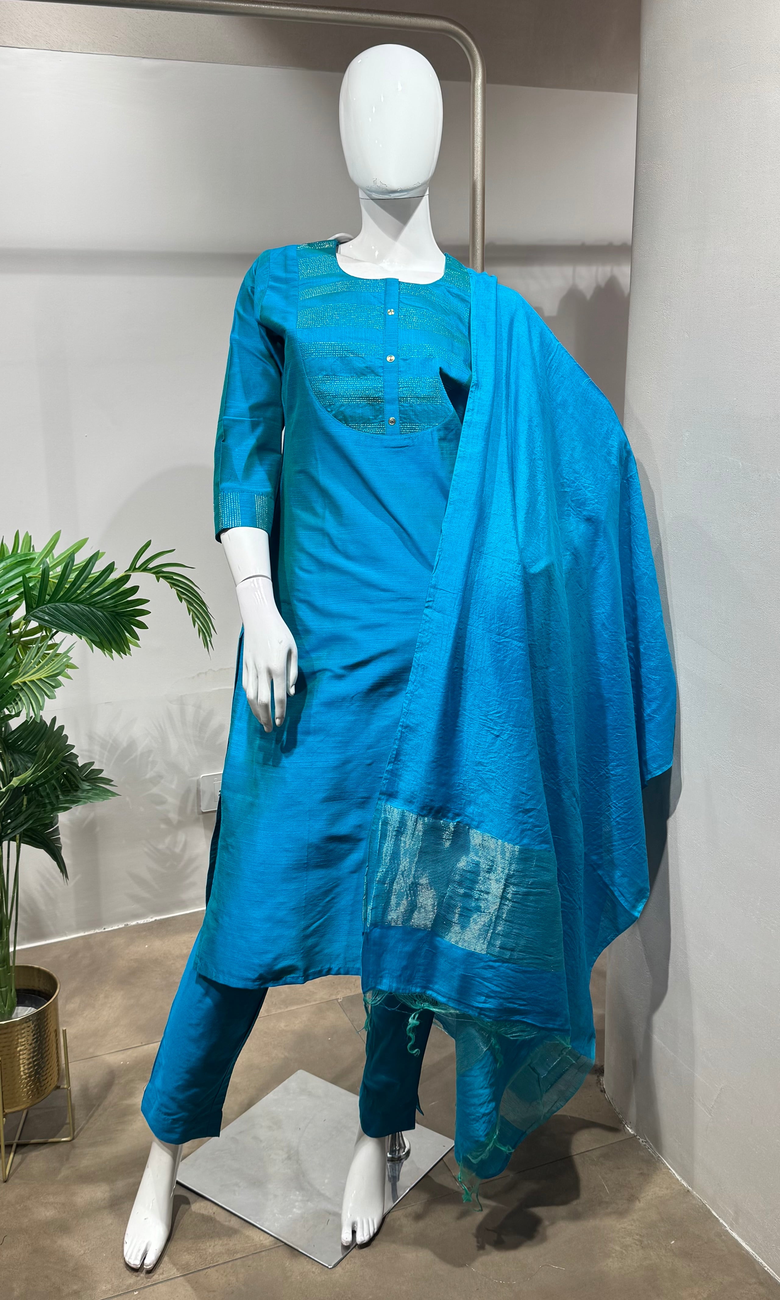 Rama Blue Embroidered Silk Kurta Set