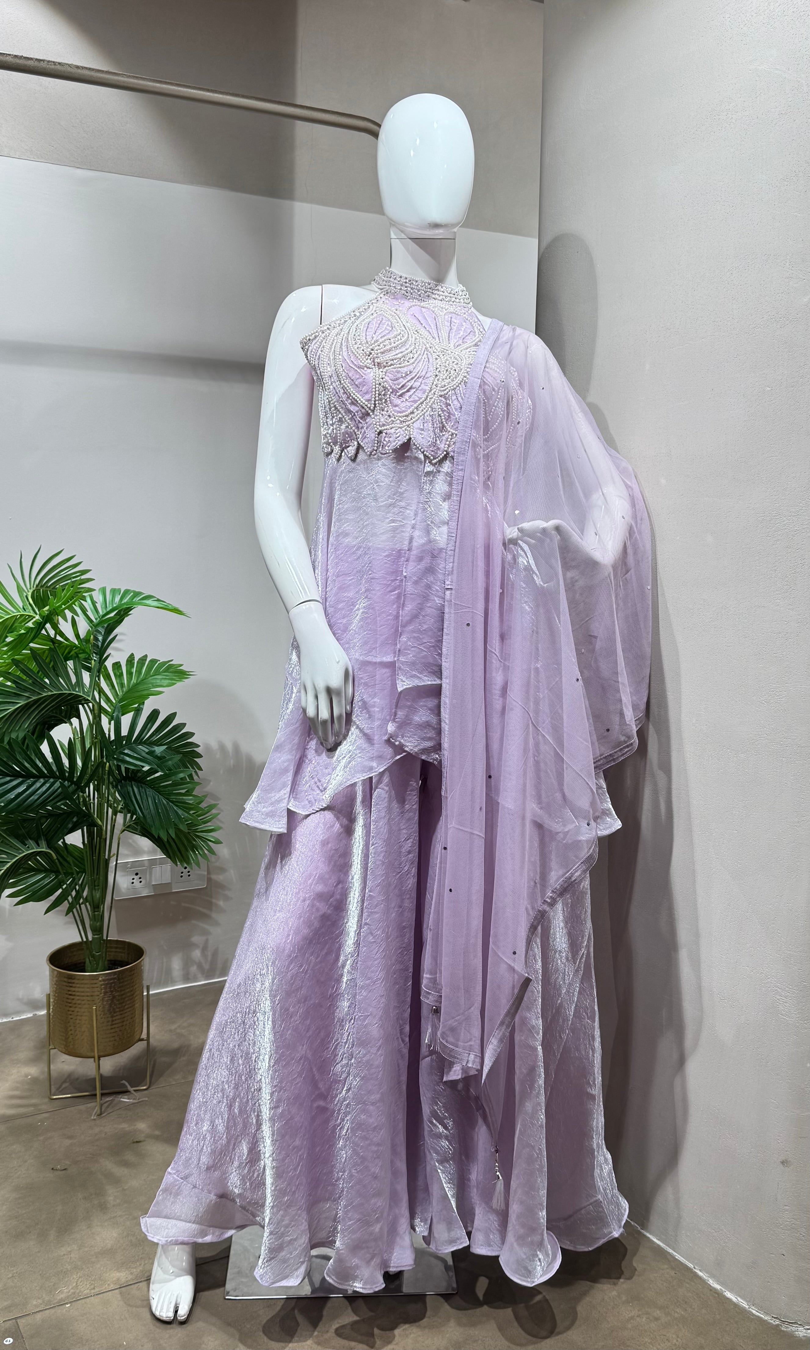 Lavender Hand-Embroidered PALAZZO Suit with Dupatta