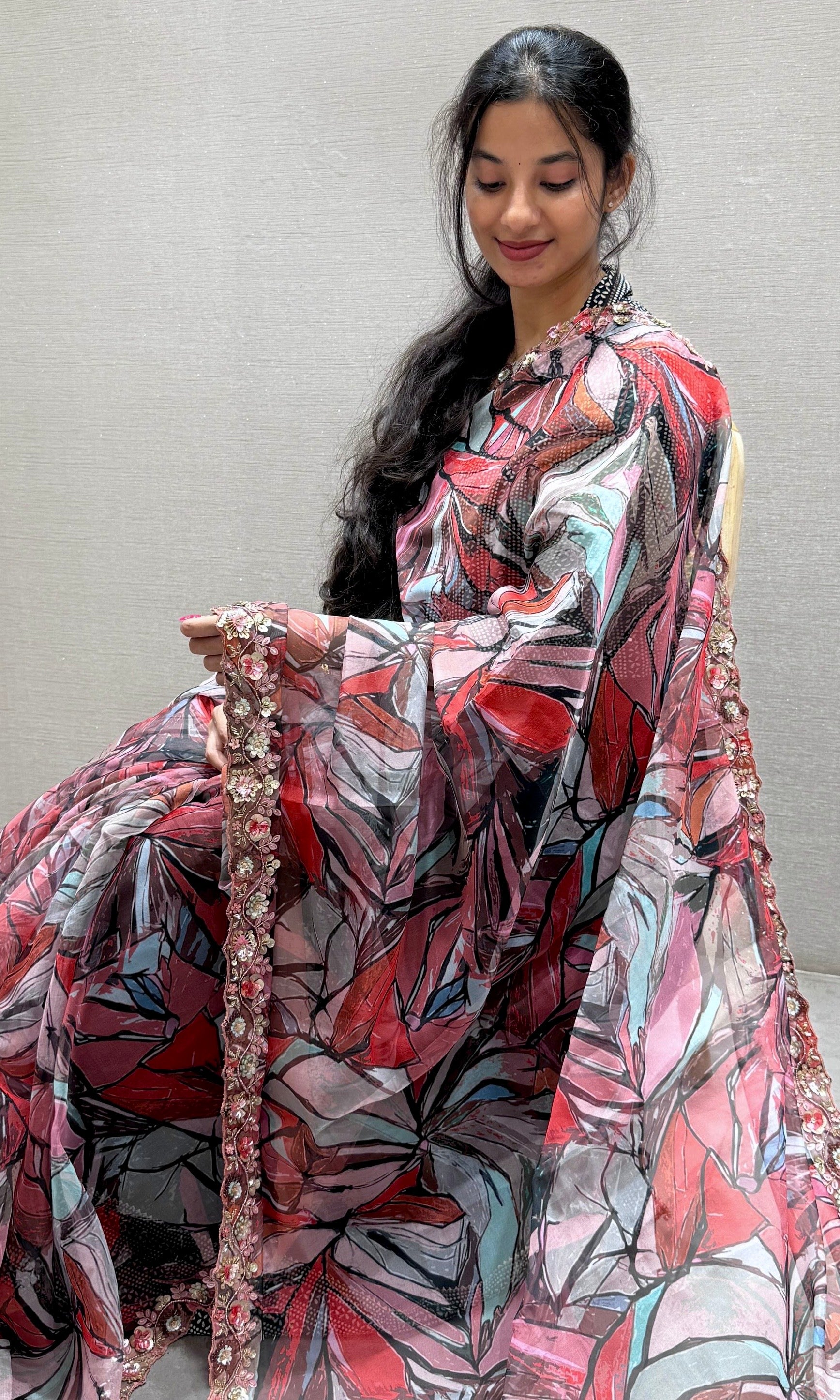 Onion pink digital printed soft organza saree with ready blouse