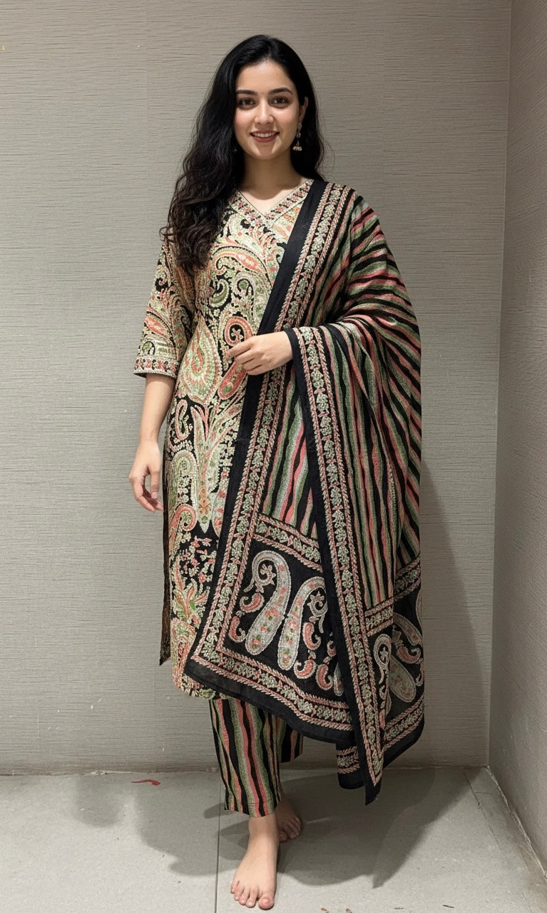 Black kurta set WITH STRIPED DUPATTA