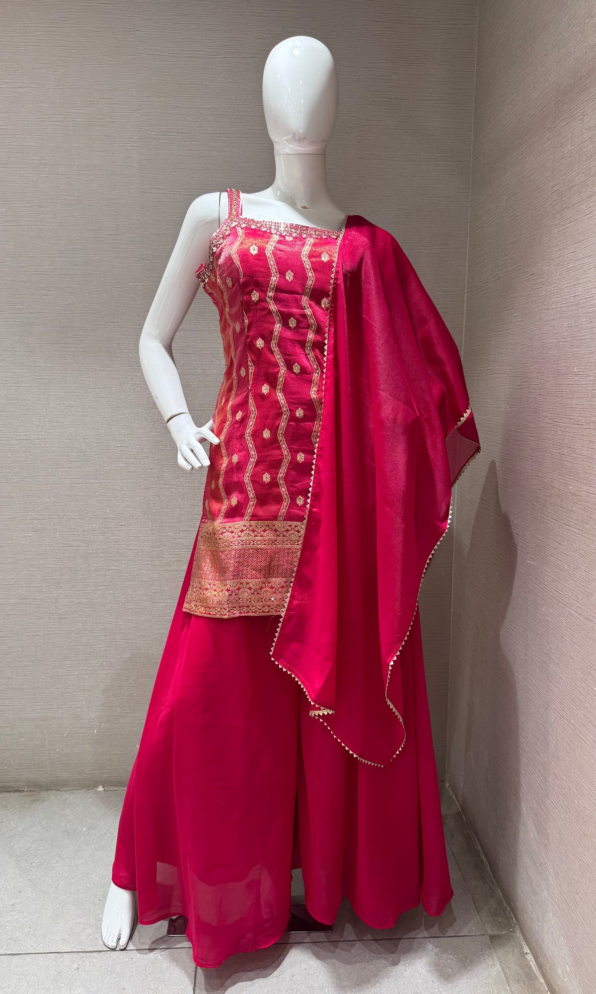 Rani Golden Georgette Flared Sharara set with Dupatta