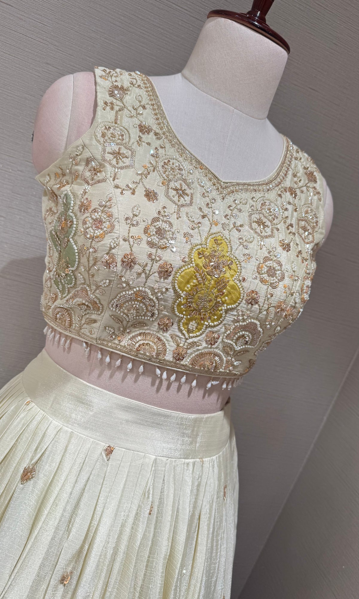 Cream Tissue silk Lehenga with Multi Floral border