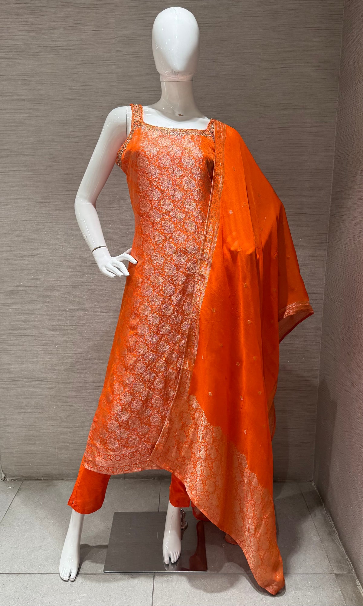 Orange banarasi silk kurta set with dupatta