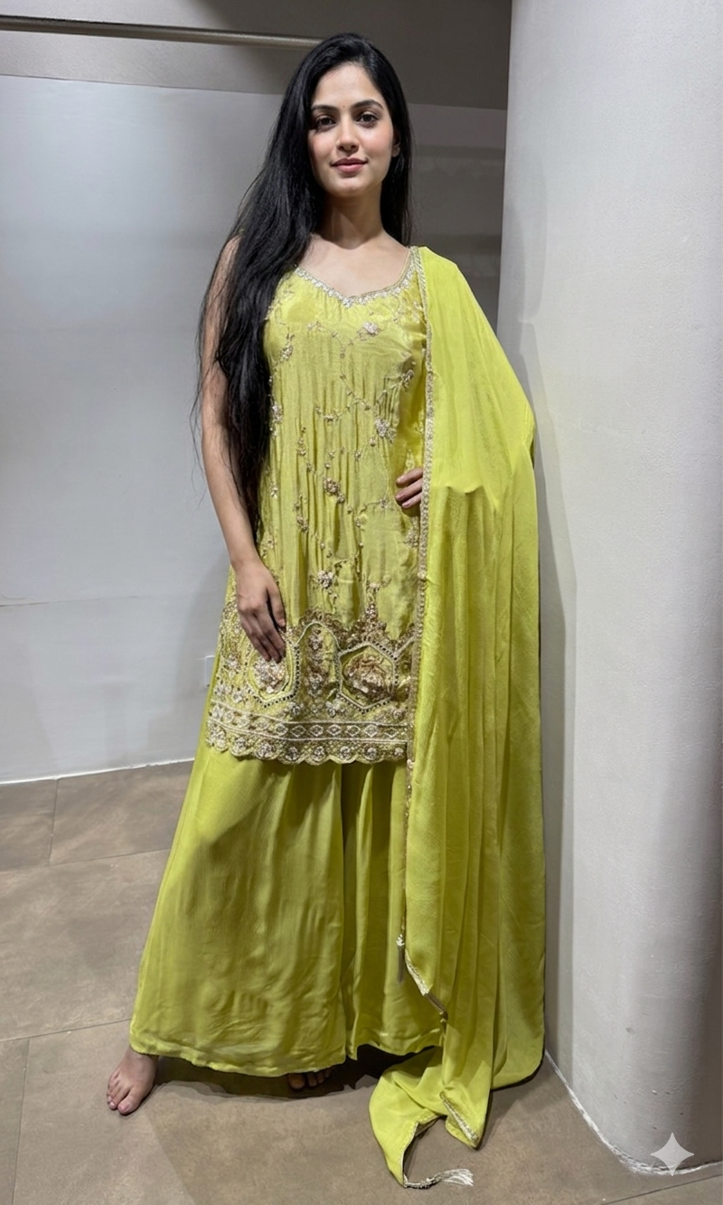Mehendi Green Georgette Sharara Ensemble