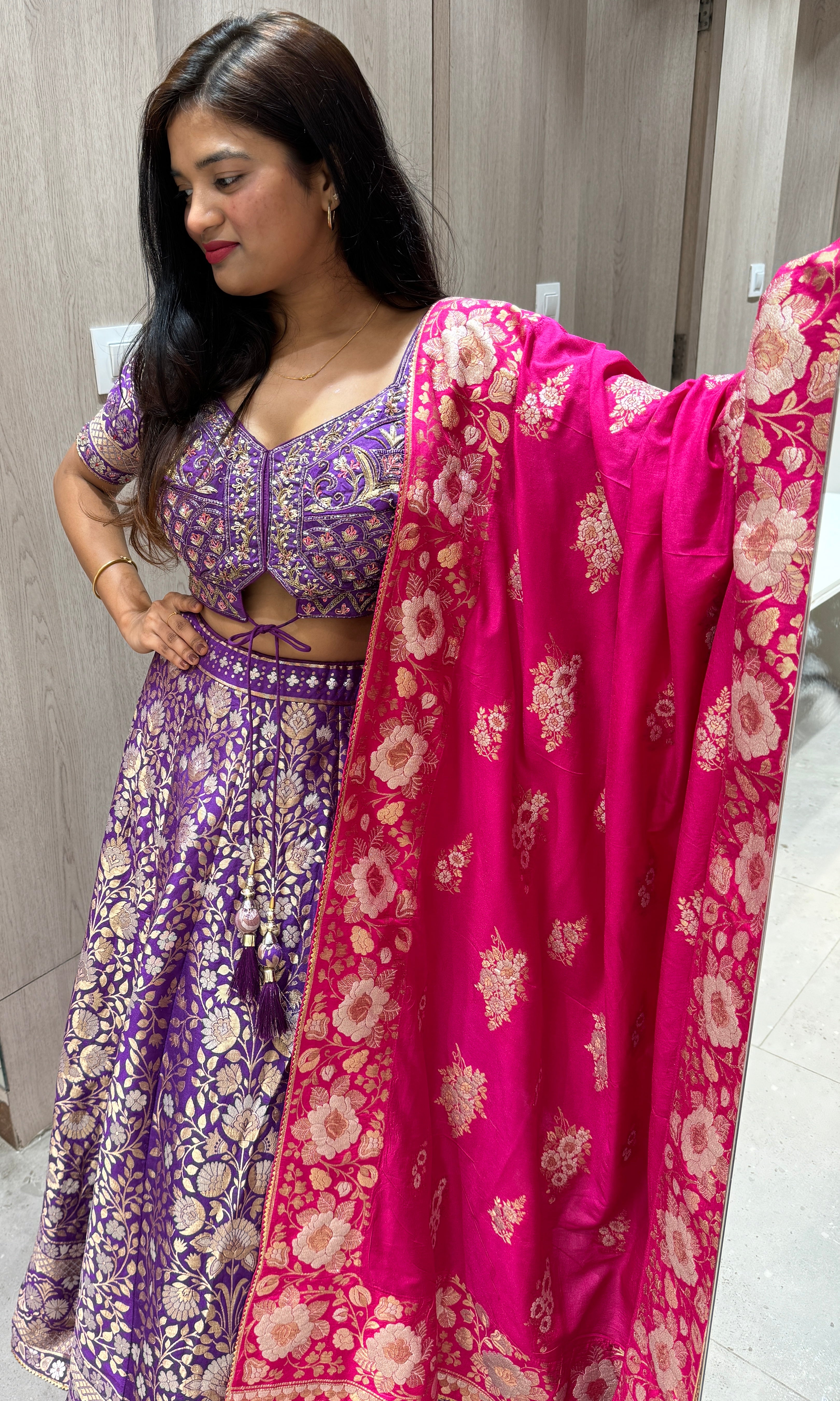 Purple Lehenga with pink Banarasi dupatta