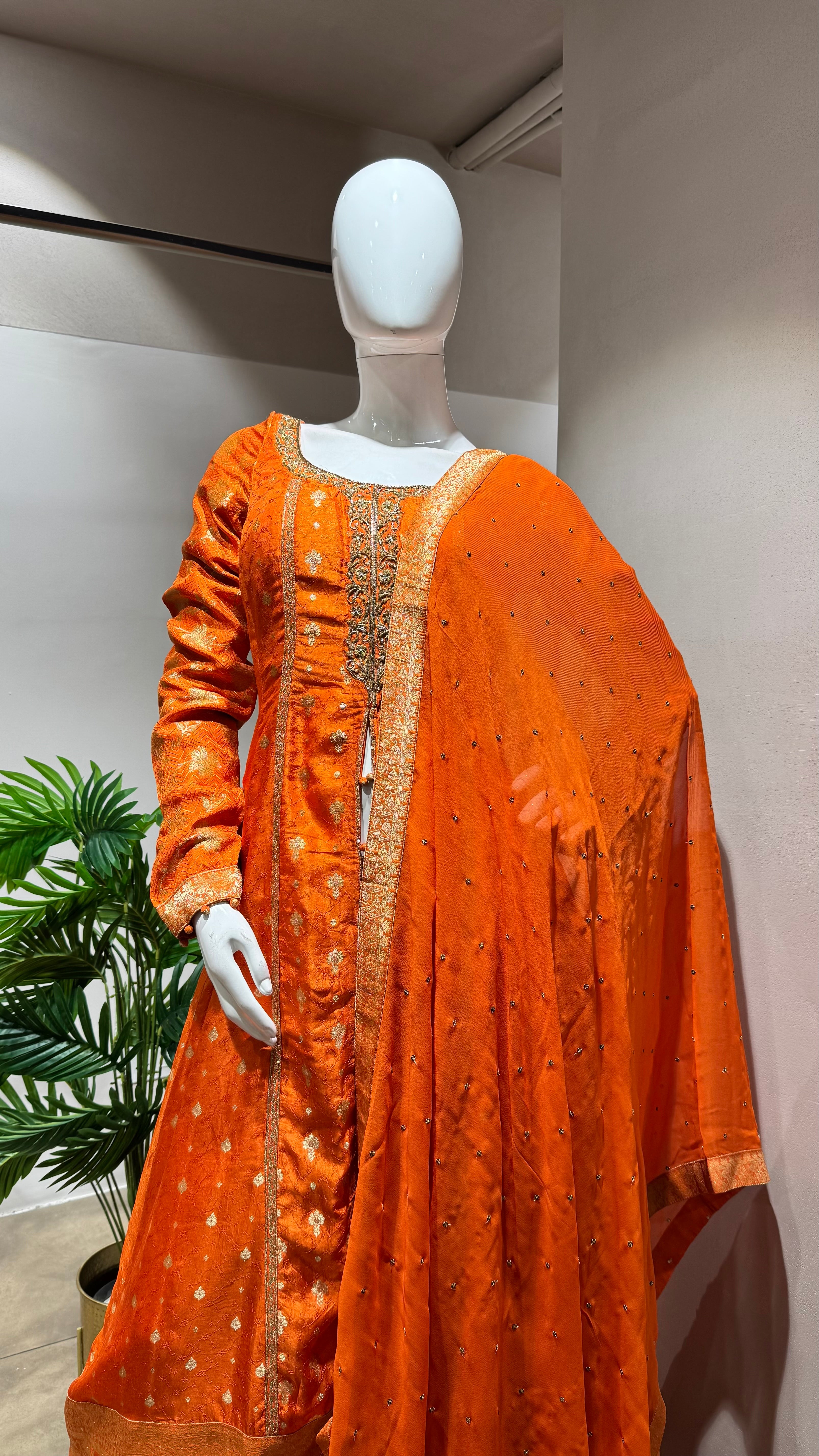ORANGE GOLDEN ANARKALI WITH PALAZZO PANTS