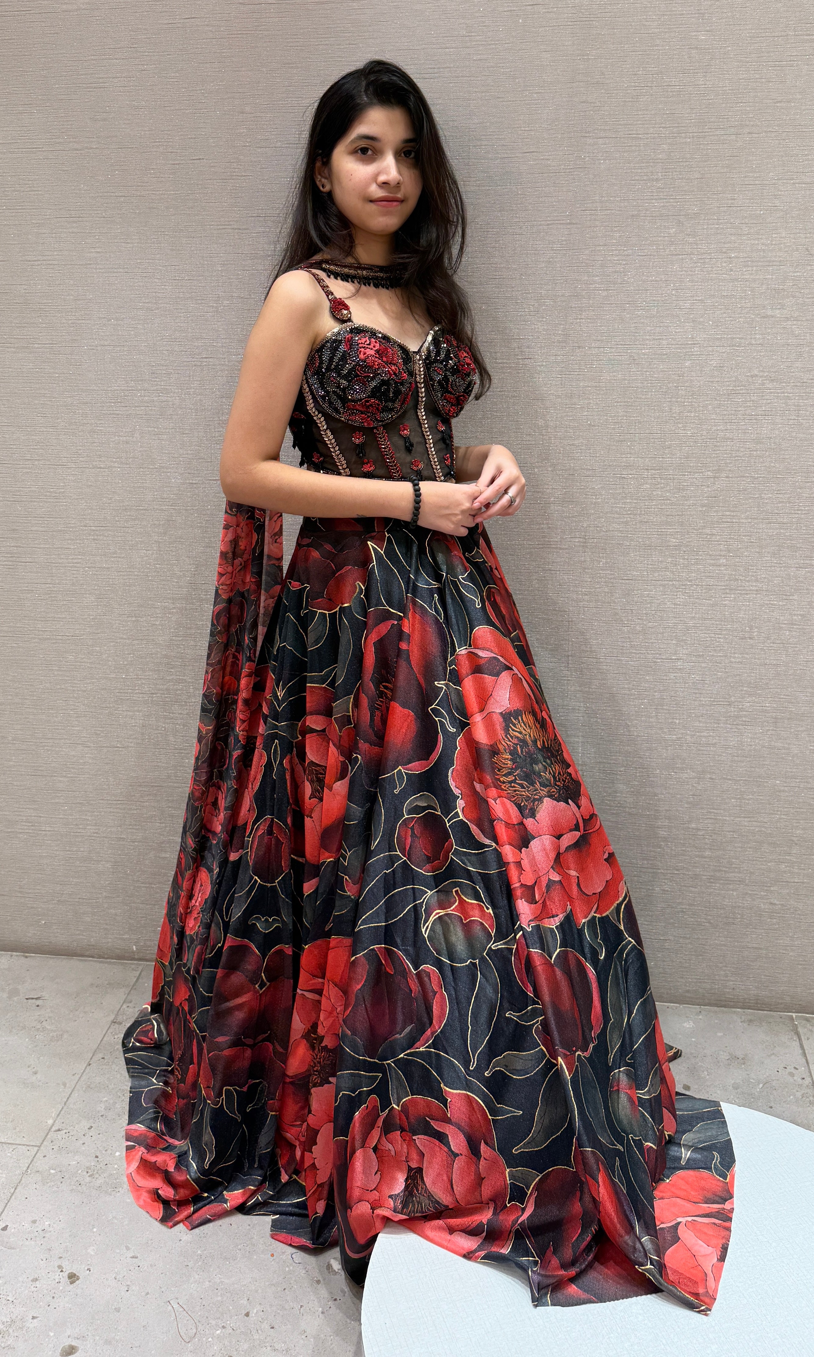 Black Red Floral Printed Lehenga Set