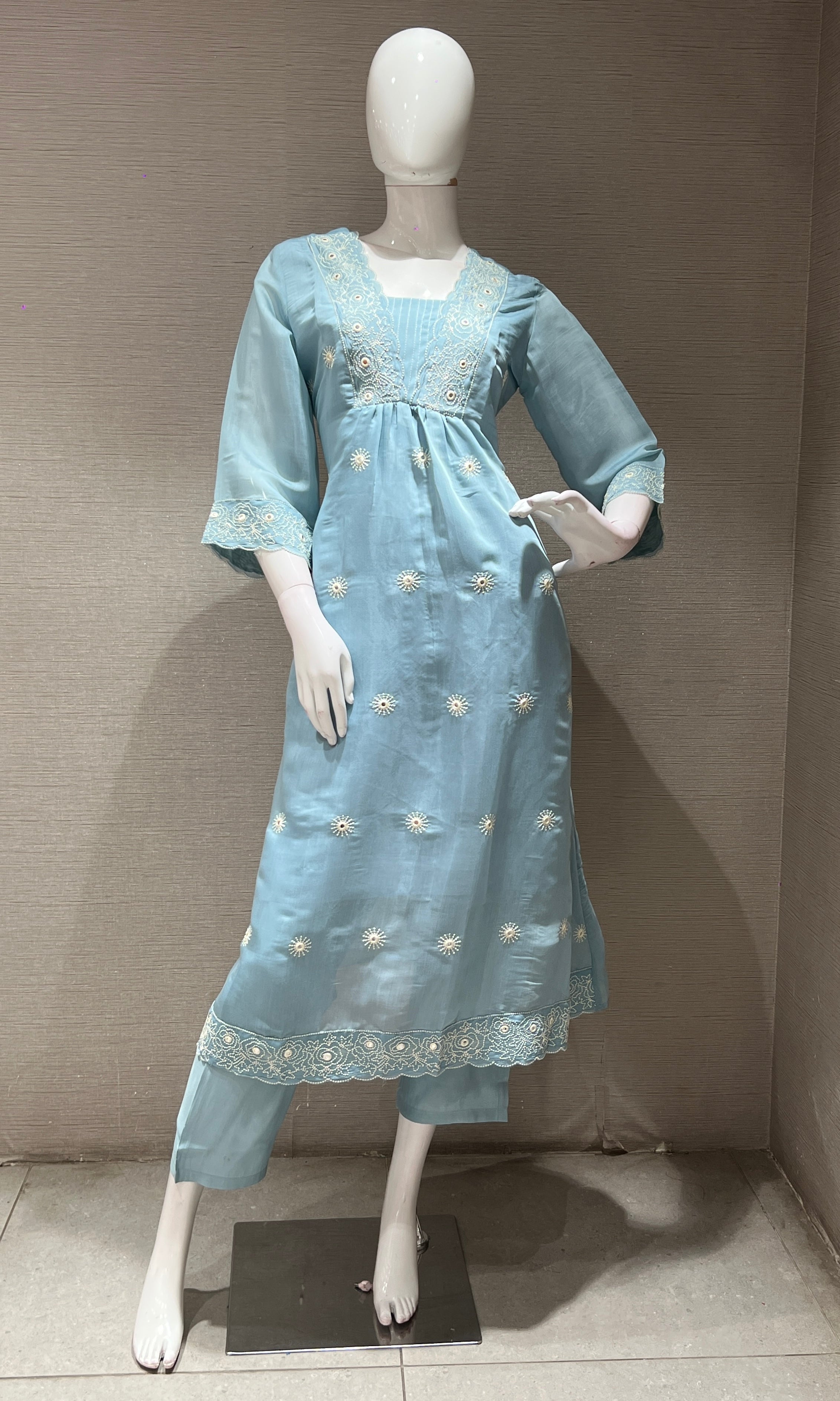 SEA blue silk embroidered KURTA SET