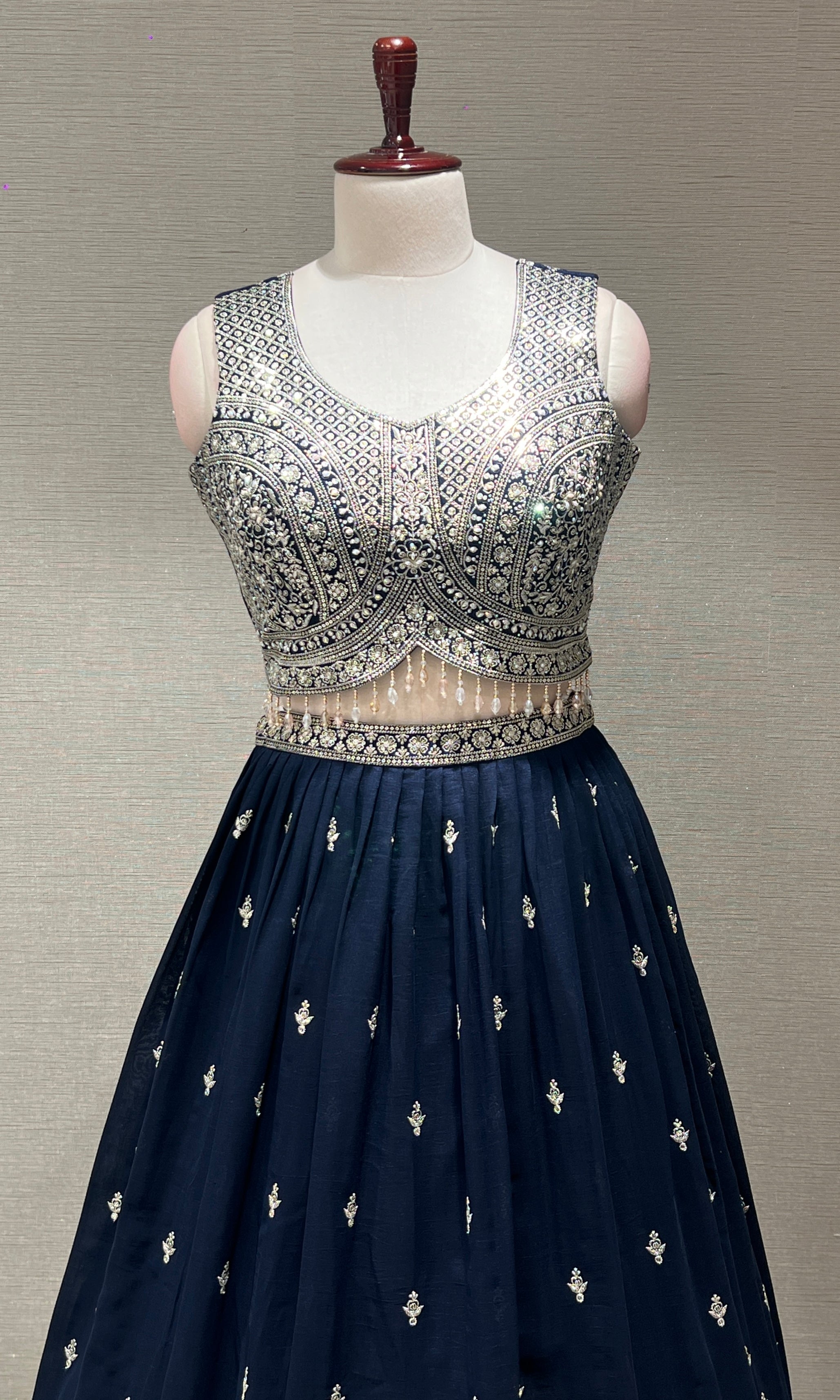 Navy Blue Heavy Mirror Embroidered Lehenga