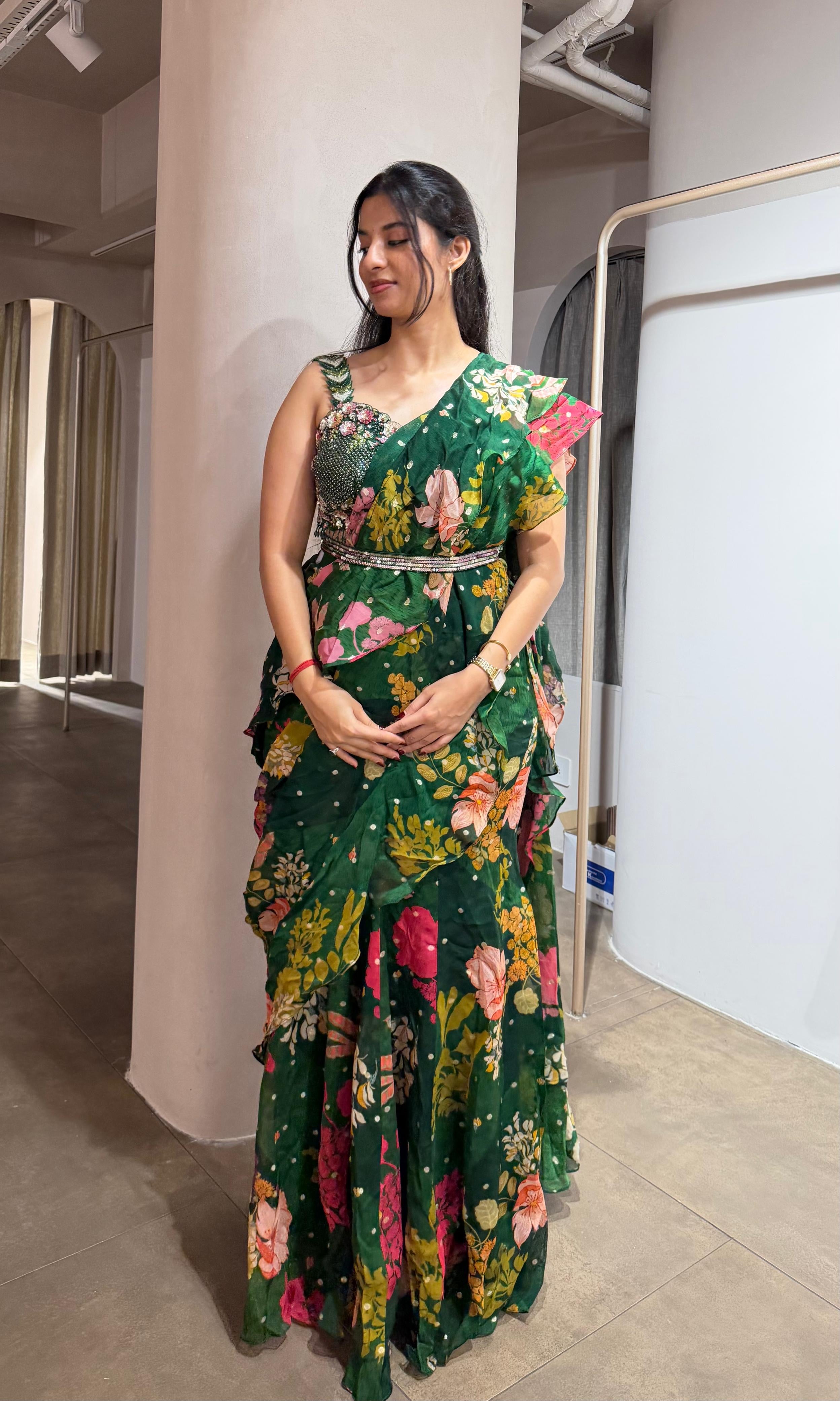 Green MULTI FLORAL drape saree