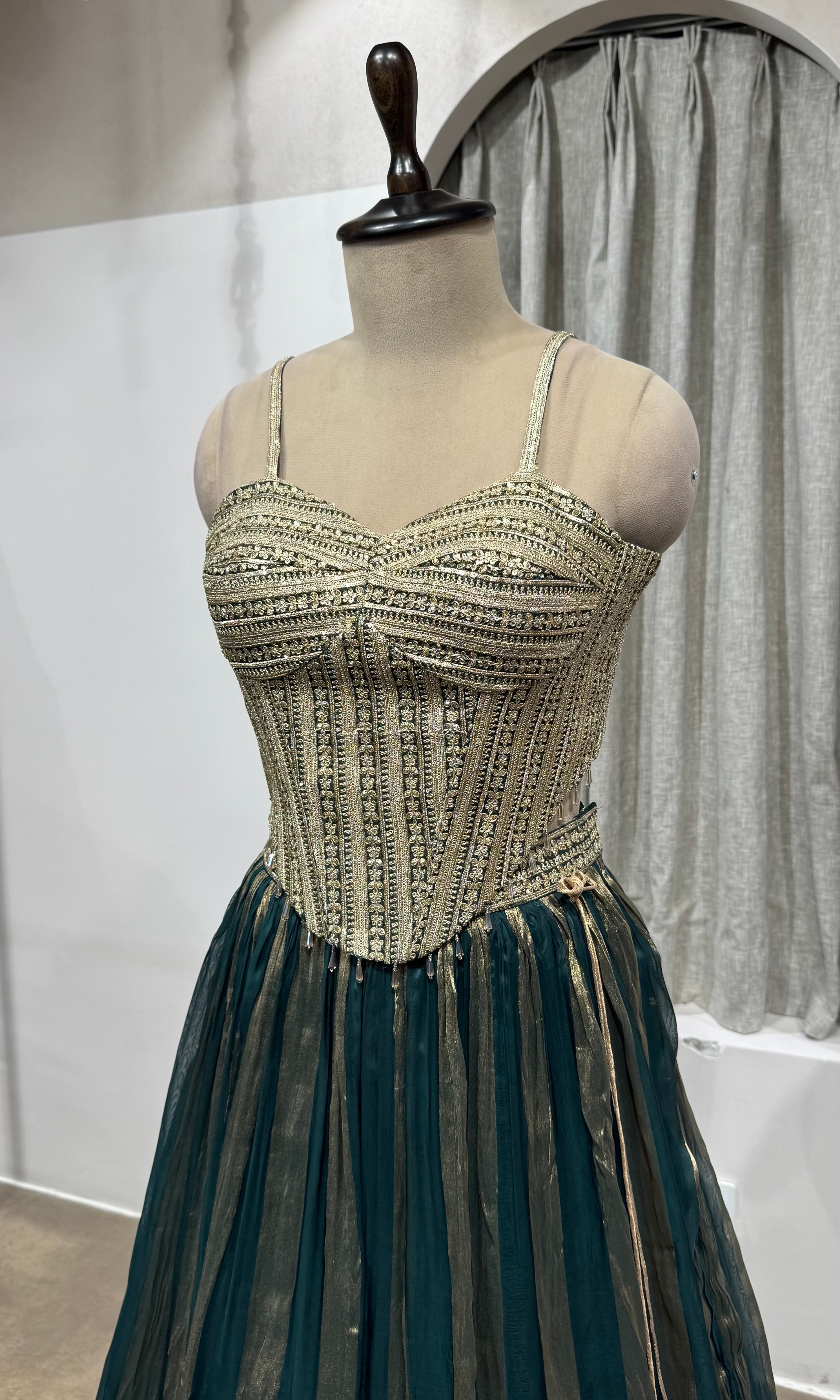 green and gold striped corset lehenga