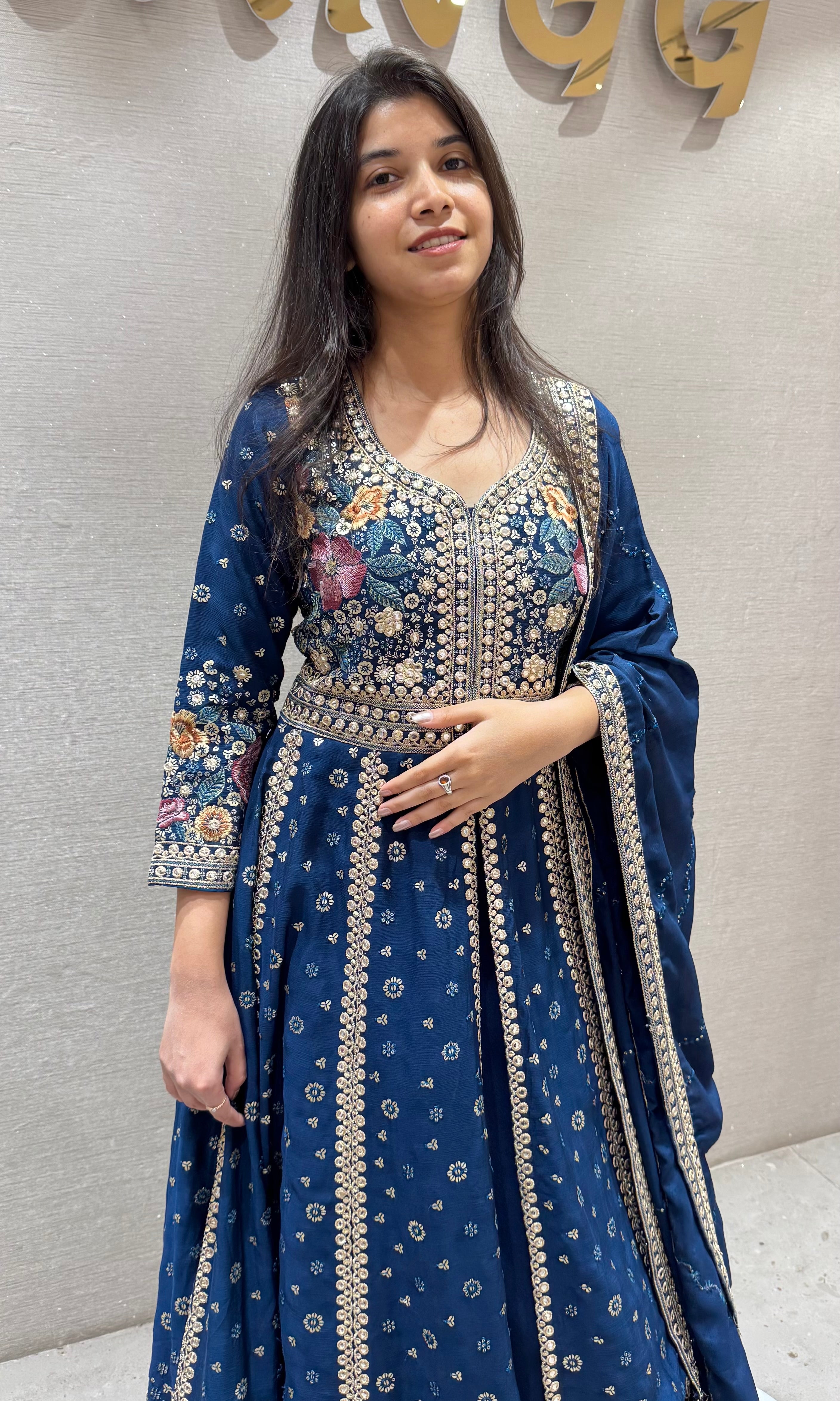 Navy Blue FLORAL Embroidered Anarkali
