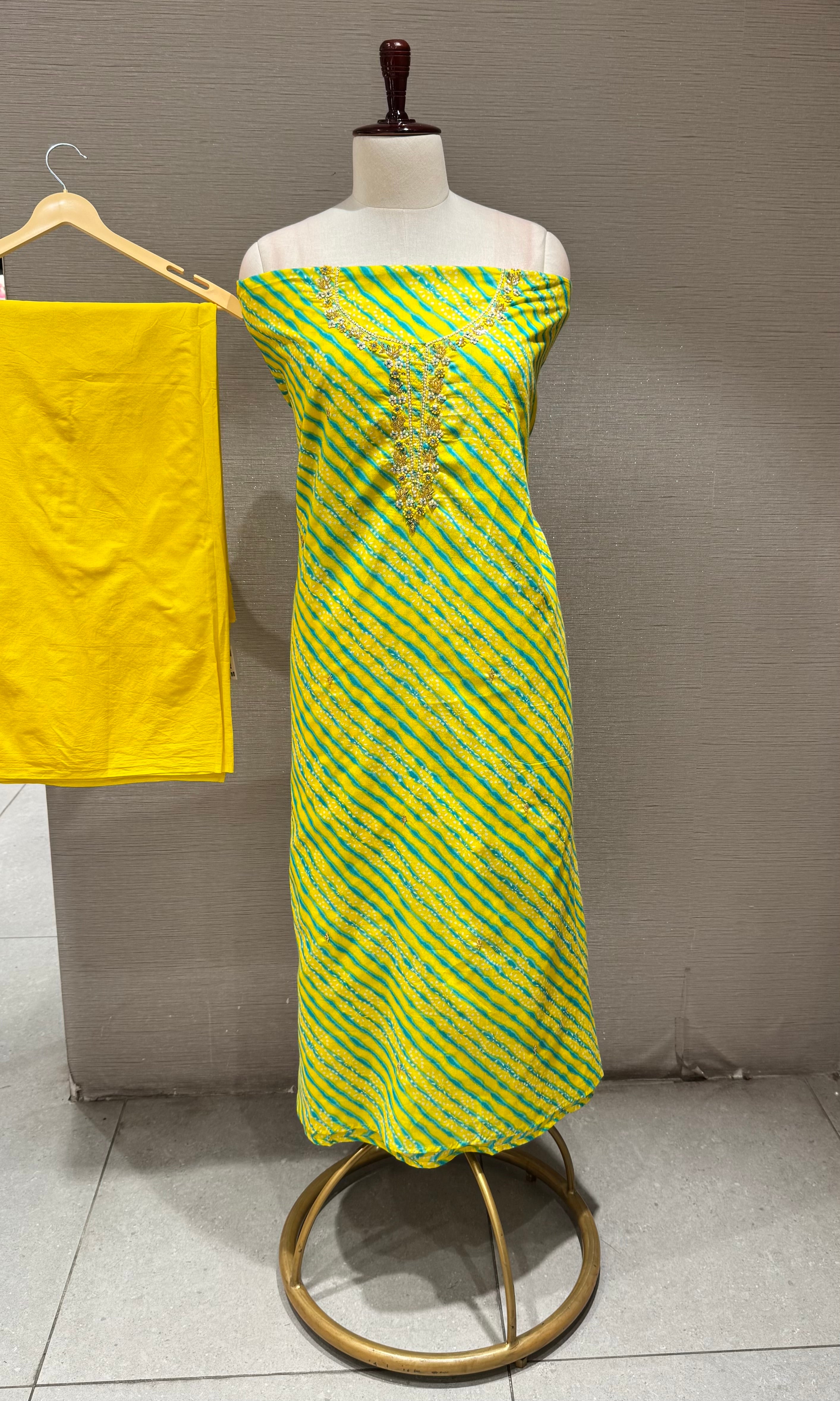 Yellow Leheriya Print Dress Material
