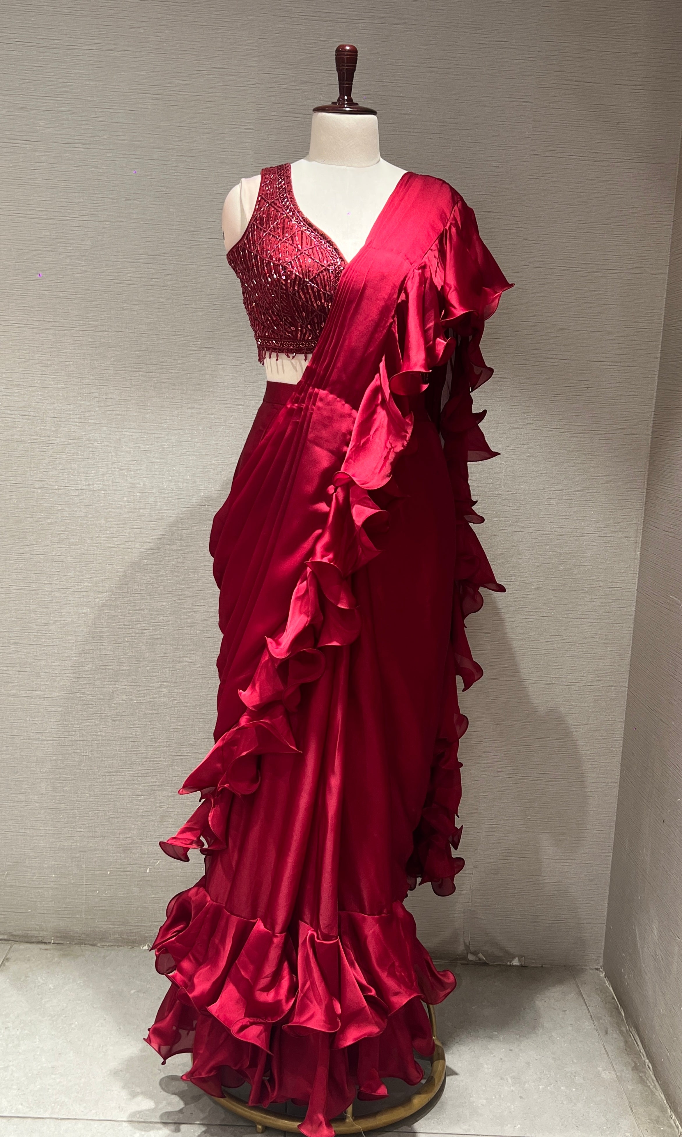 MAROON RUFFLE SATIN DRAPE SAREE
