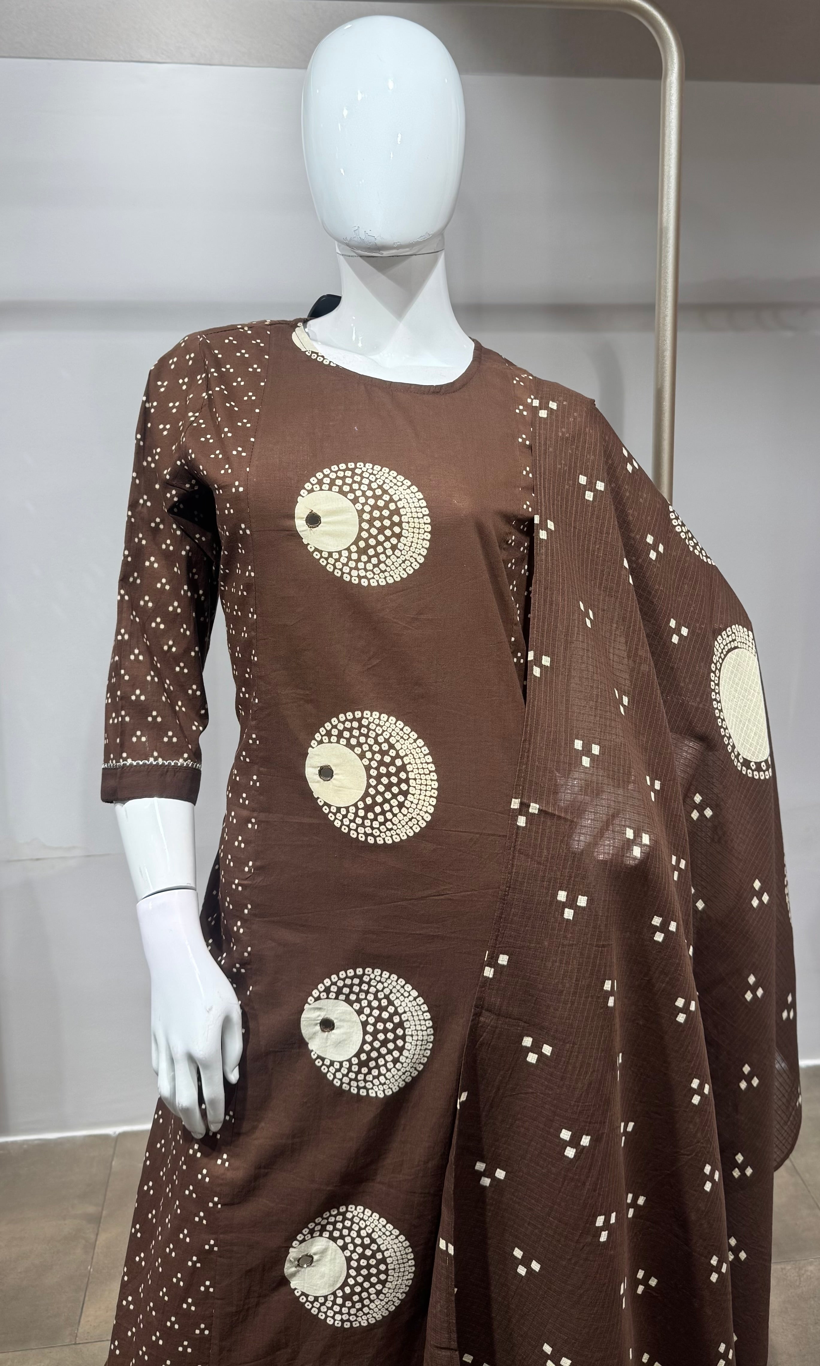 Brown Cotton Bandhani Straight KURTA SET